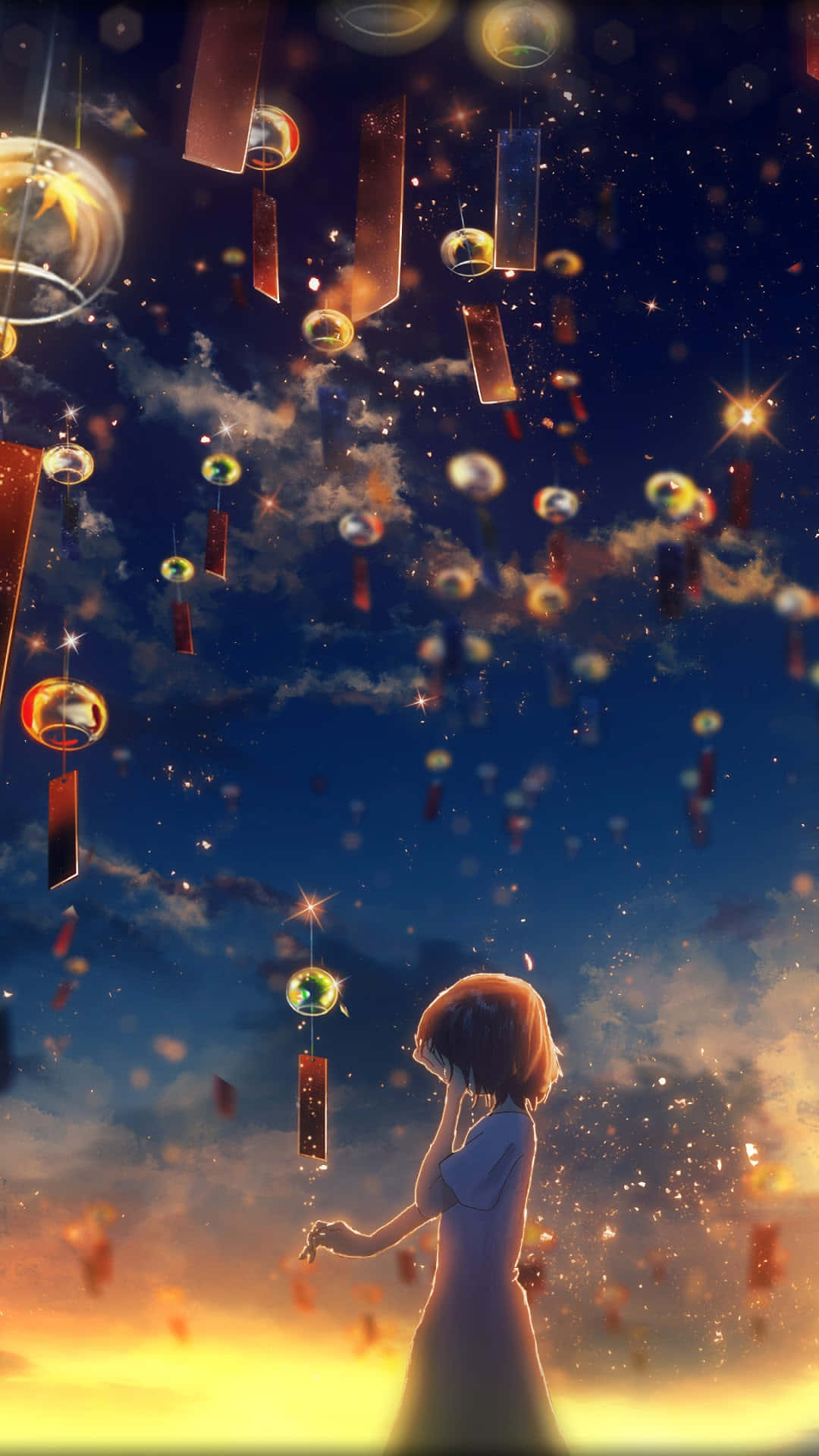 Sad Crying Anime Girl With Flying Lanterns Background