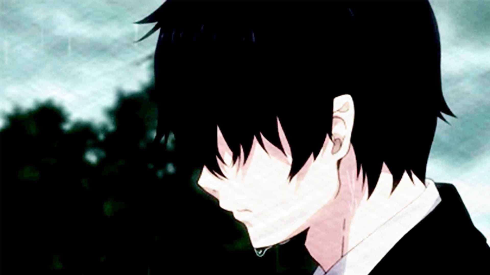 Sad Crying Anime Guy In A Black Suit Background