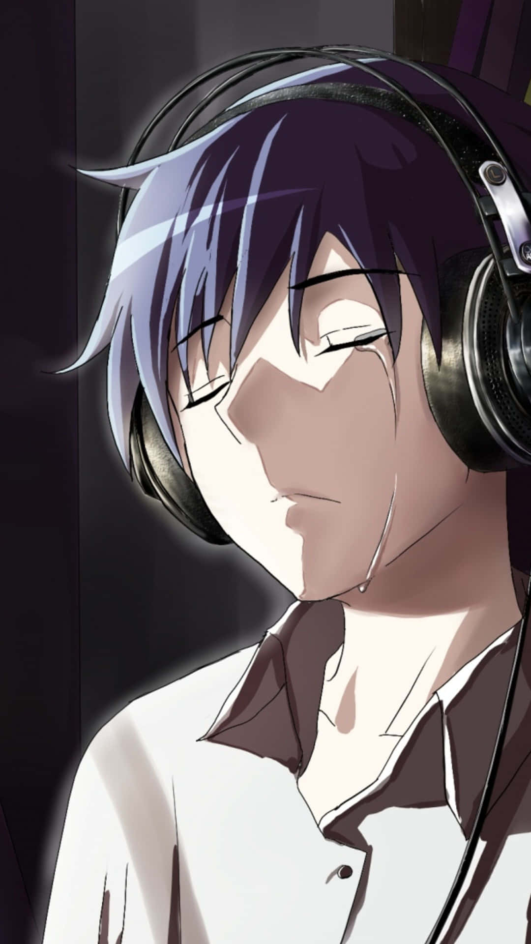 Sad Crying Anime Guy Listening To Music Background