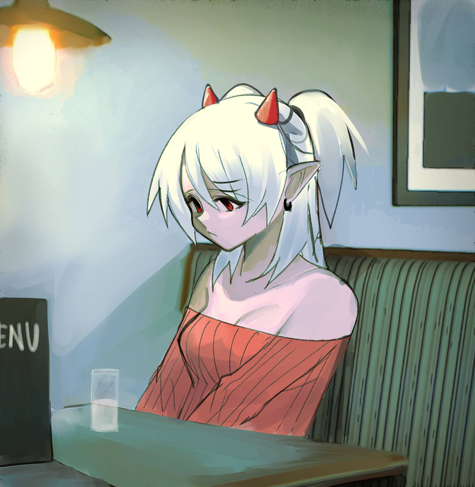 Sad Demon Girl In A Restaurant Background