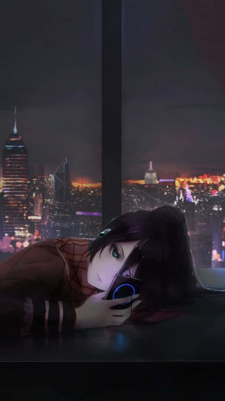 Sad Depressing Anime Girl Browse Phone Alone Background