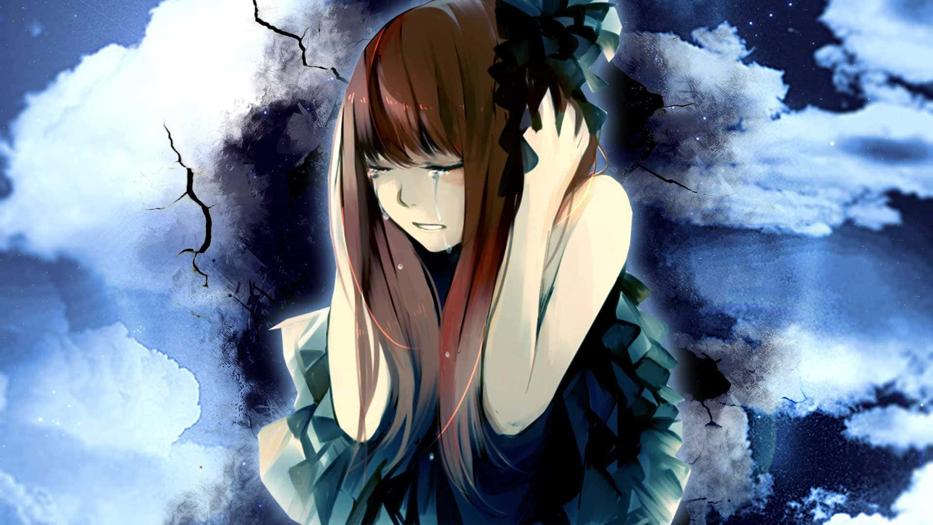 Sad Depressing Anime Girl Crying Clutching Head Background