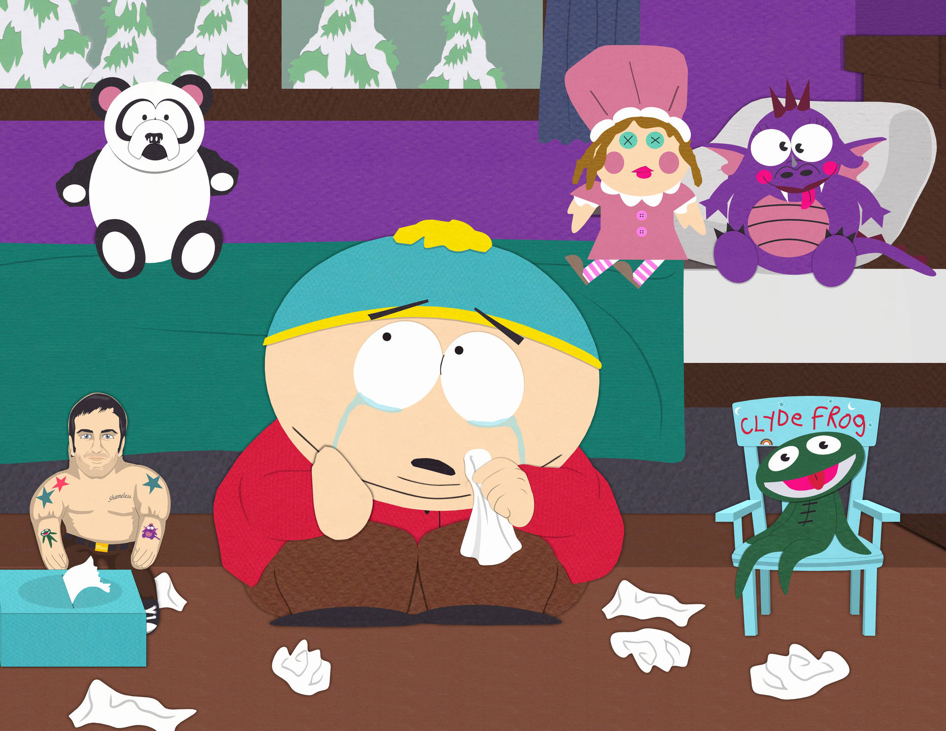 Sad Eric Cartman With His Toys Background