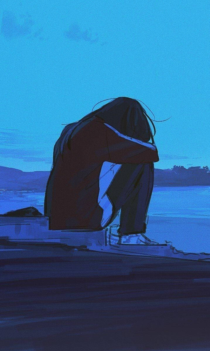 Sad Girl Crying On Steps Aesthetic Background