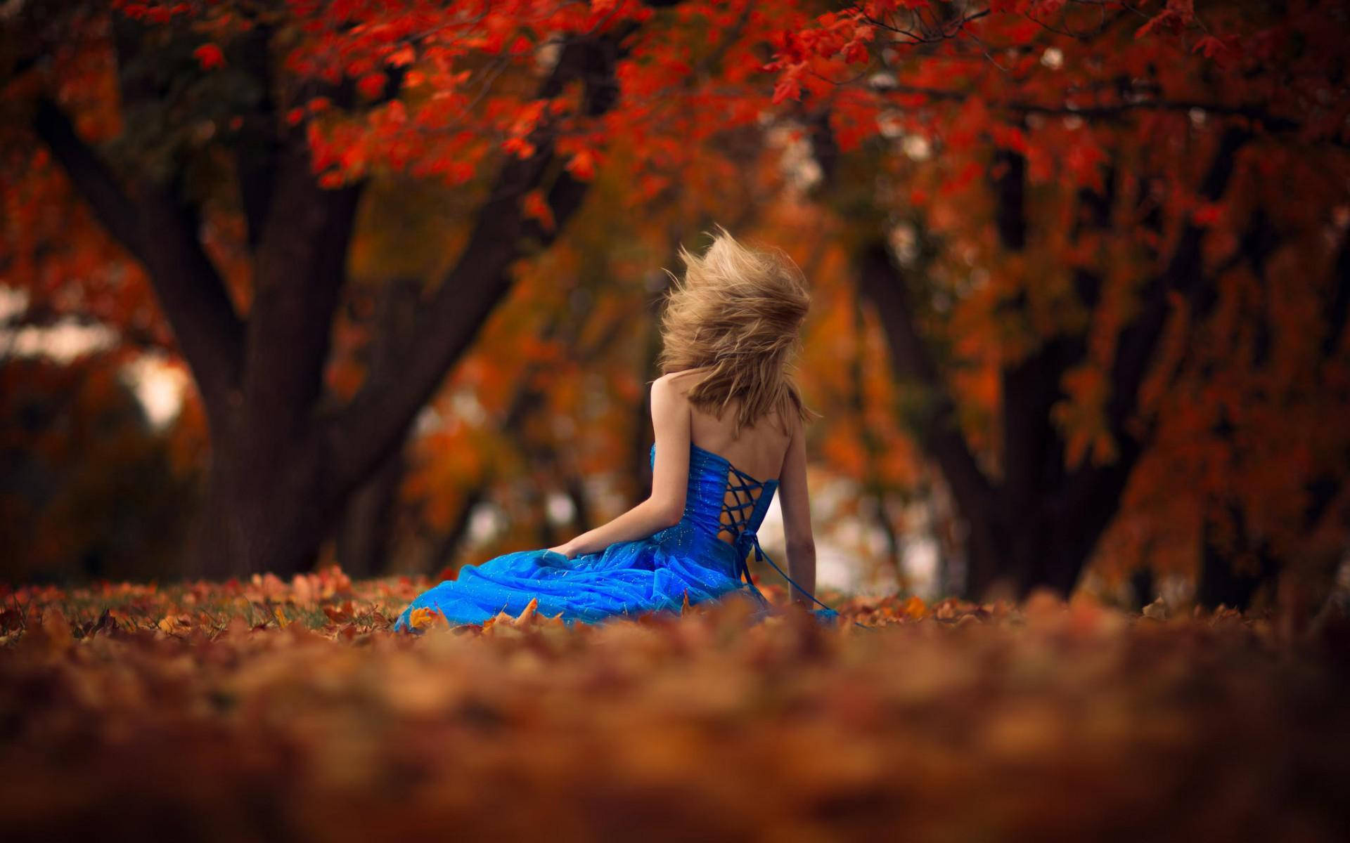 Sad Girl In Blue Dress Autumn
