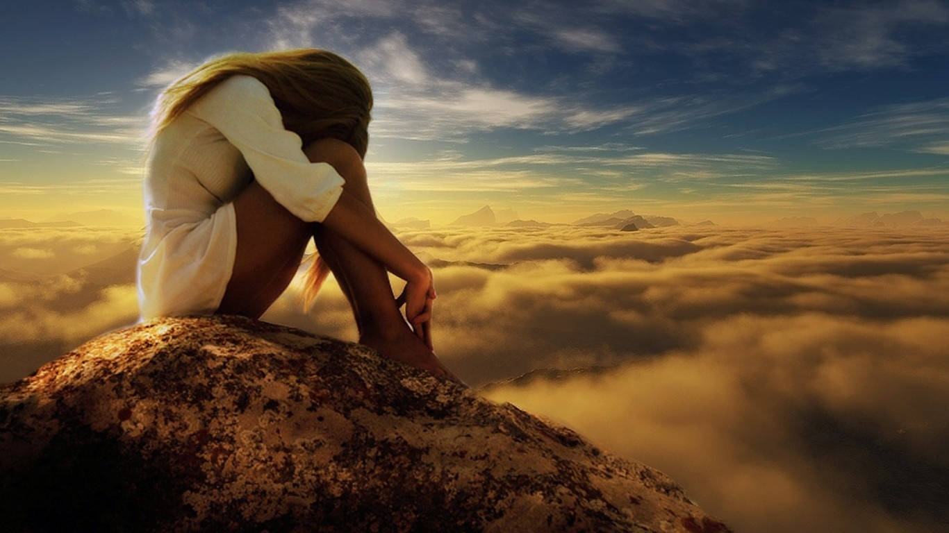 Sad Girl On Clouds Background