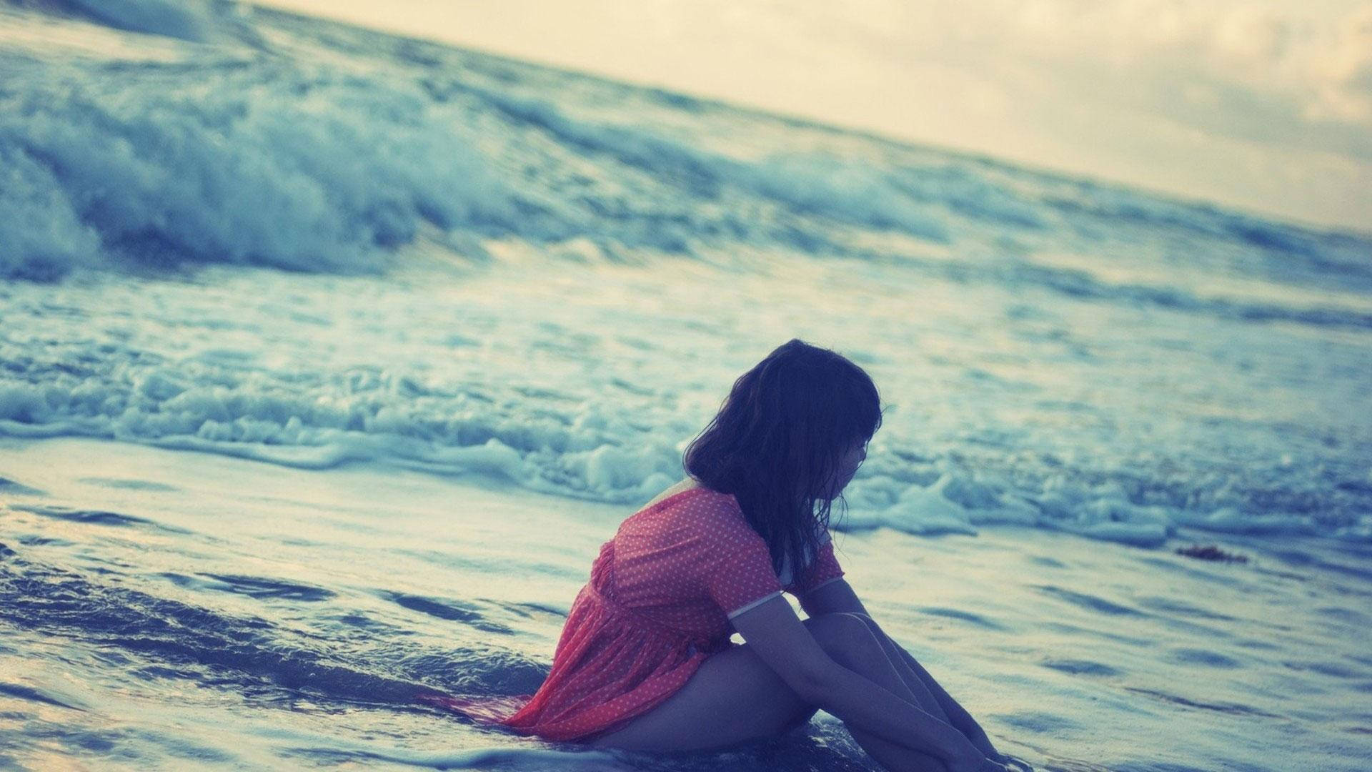 Sad Love Girl Beach Waves Background