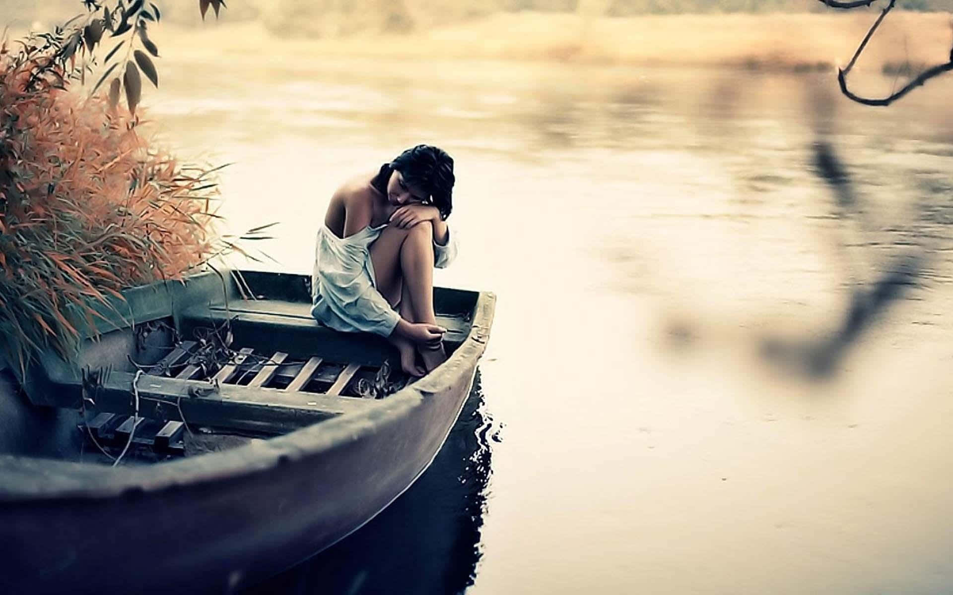 Sad Single Woman On A Boat Background