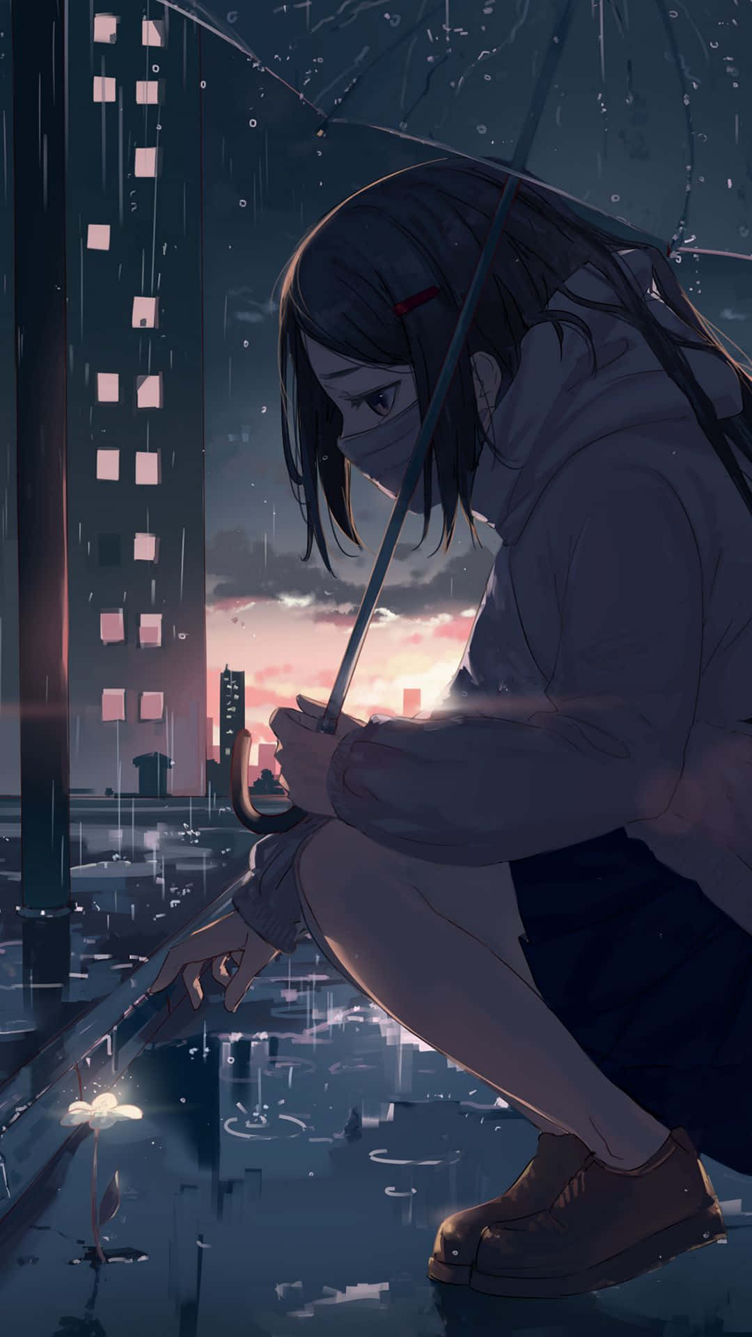 Sad Vibes Anime Girl City Rain Background