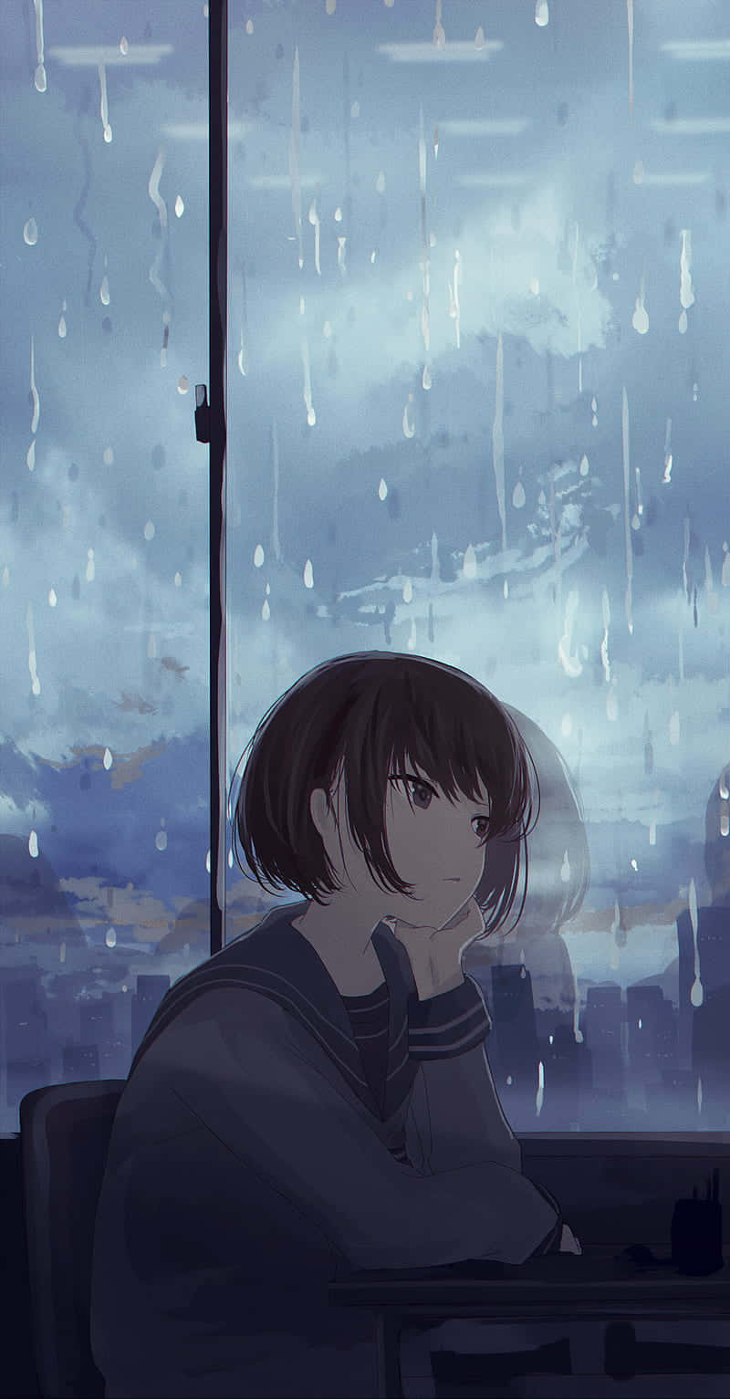 Sad Vibes Anime Girl Restaurant Rain Background