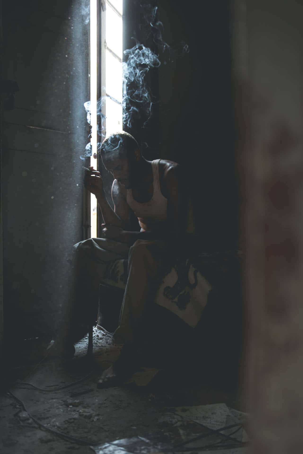 Sad Vibes Man Smoking Abandoned Place Background