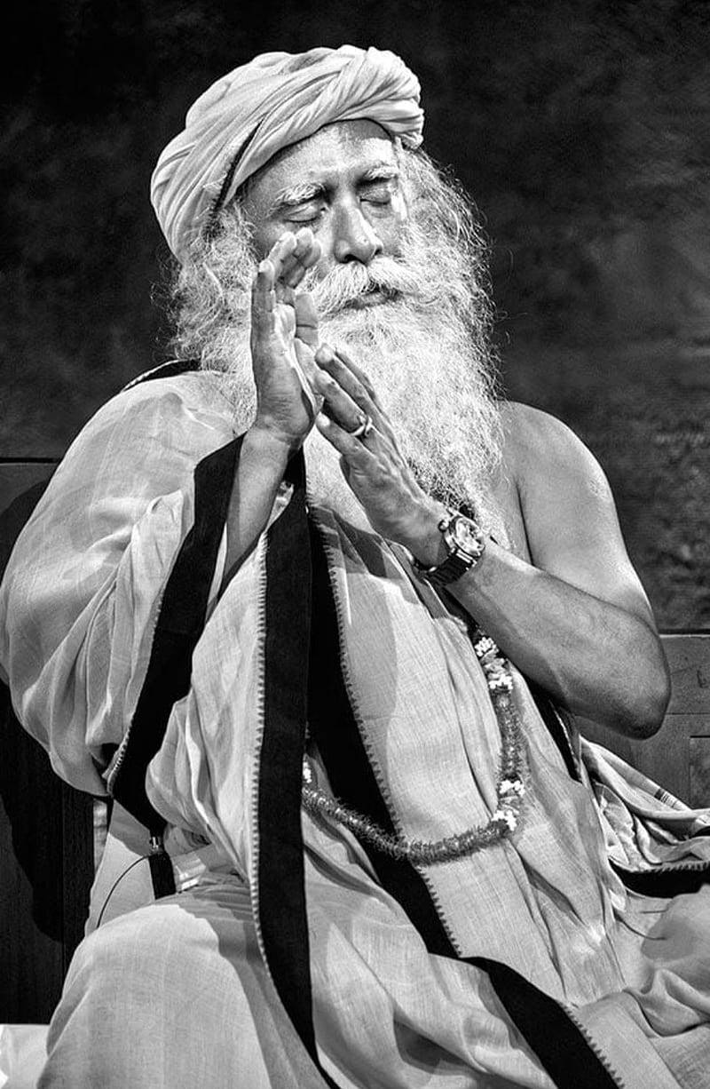 Sadhguru With Raised Hands Black And White Background