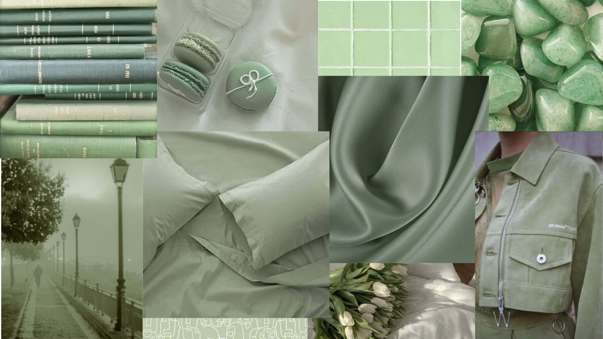 Sage Aesthetic Collage Books And Macarons Background