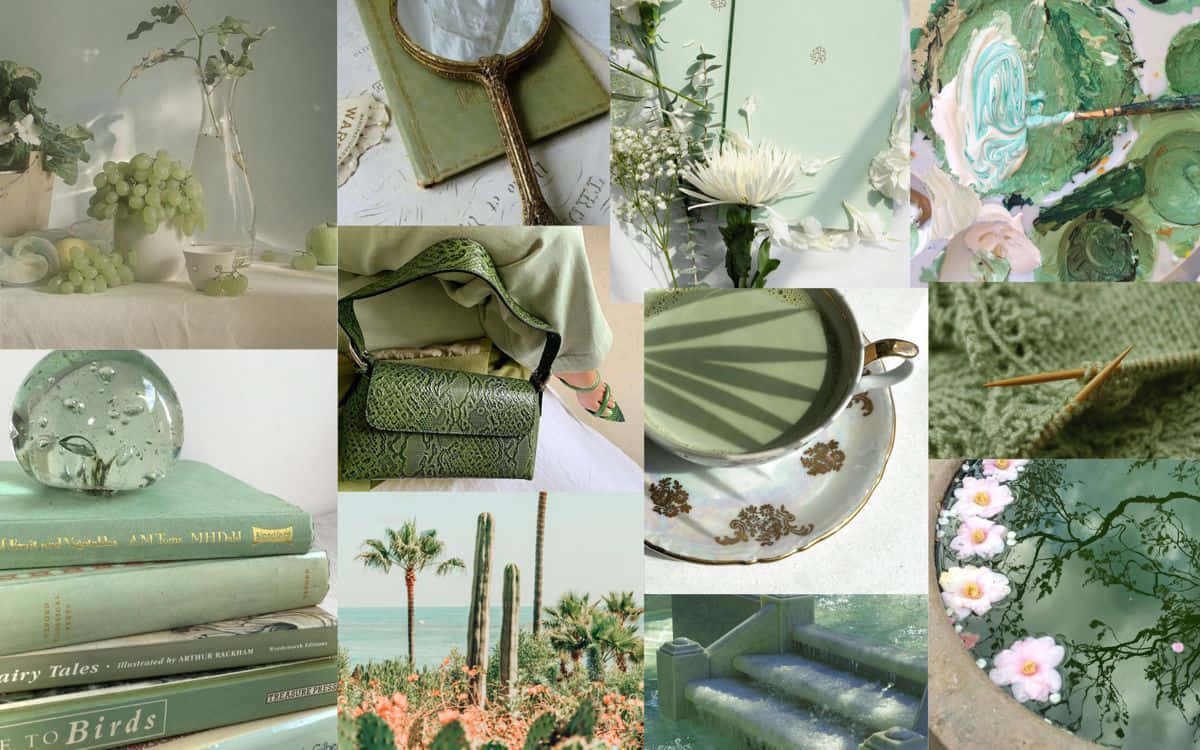 Sage Green Laptop Artistic Collage Art Background