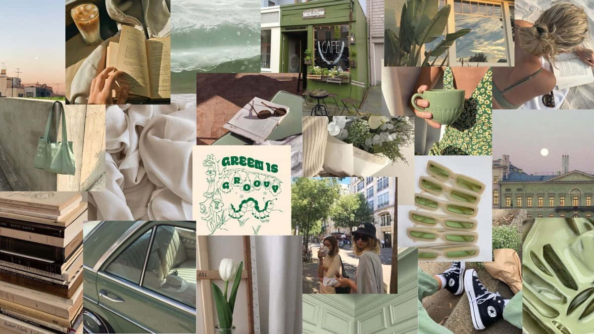 Sage Green Laptop Collage Display Background