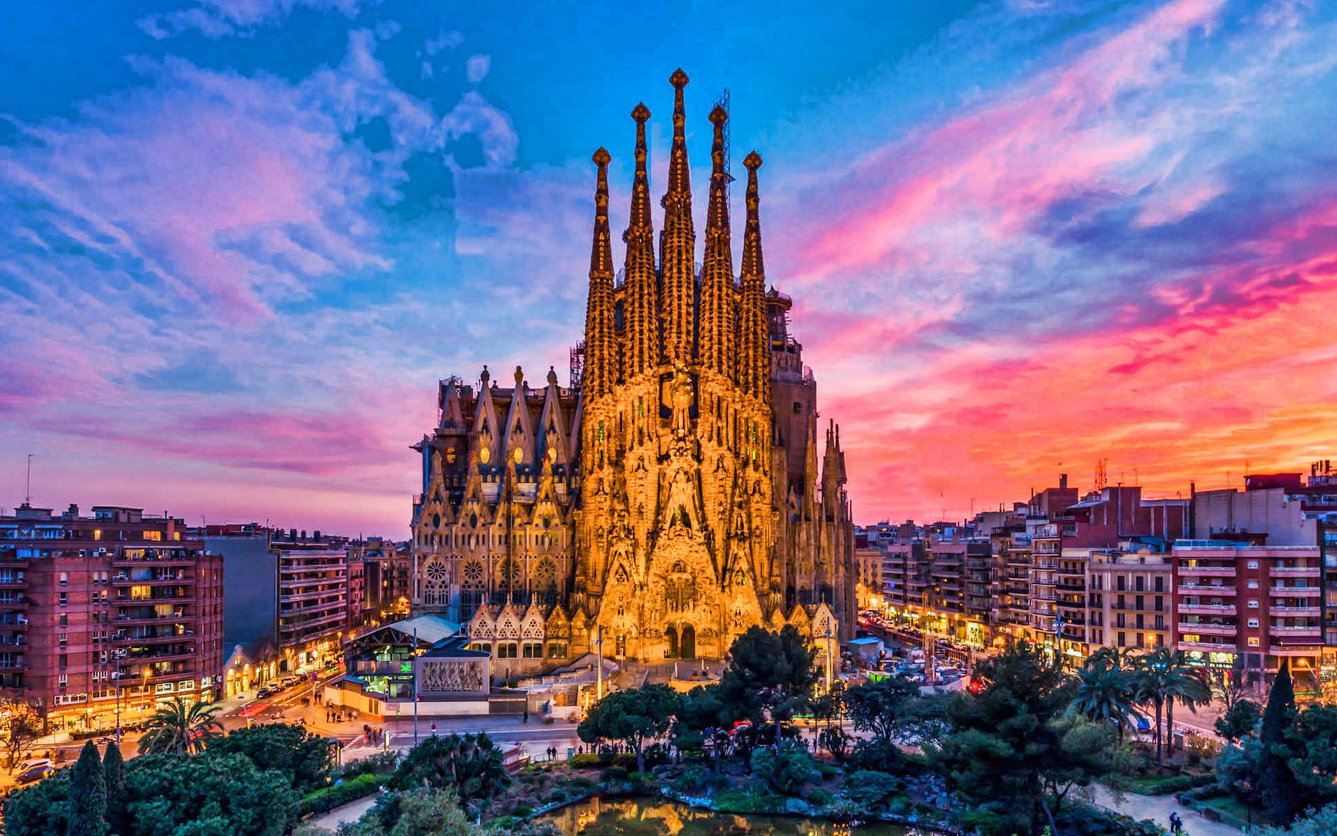 Sagrada Familia Colorful Evening Sky Background