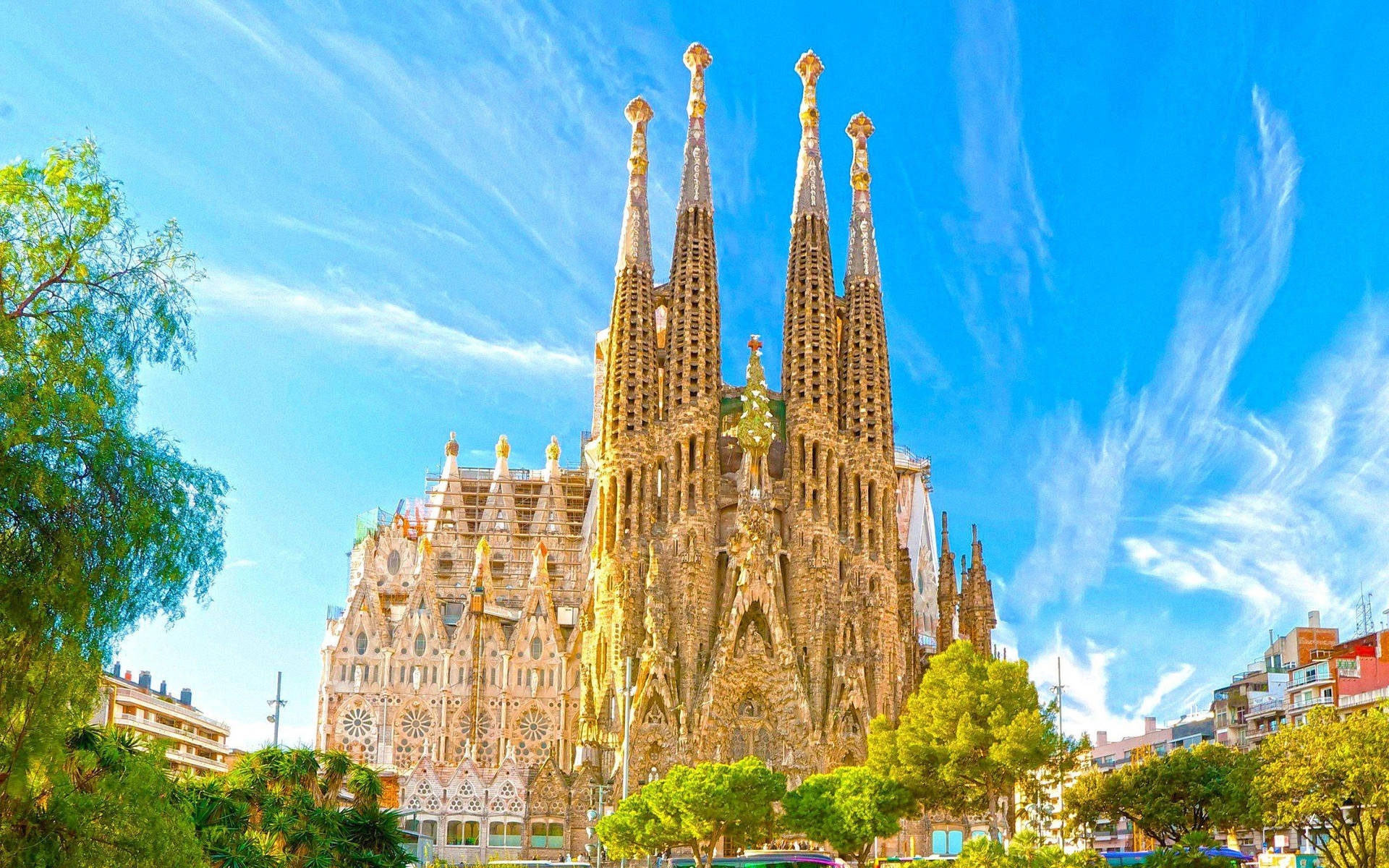 Sagrada Familia With Christmas Tree Background