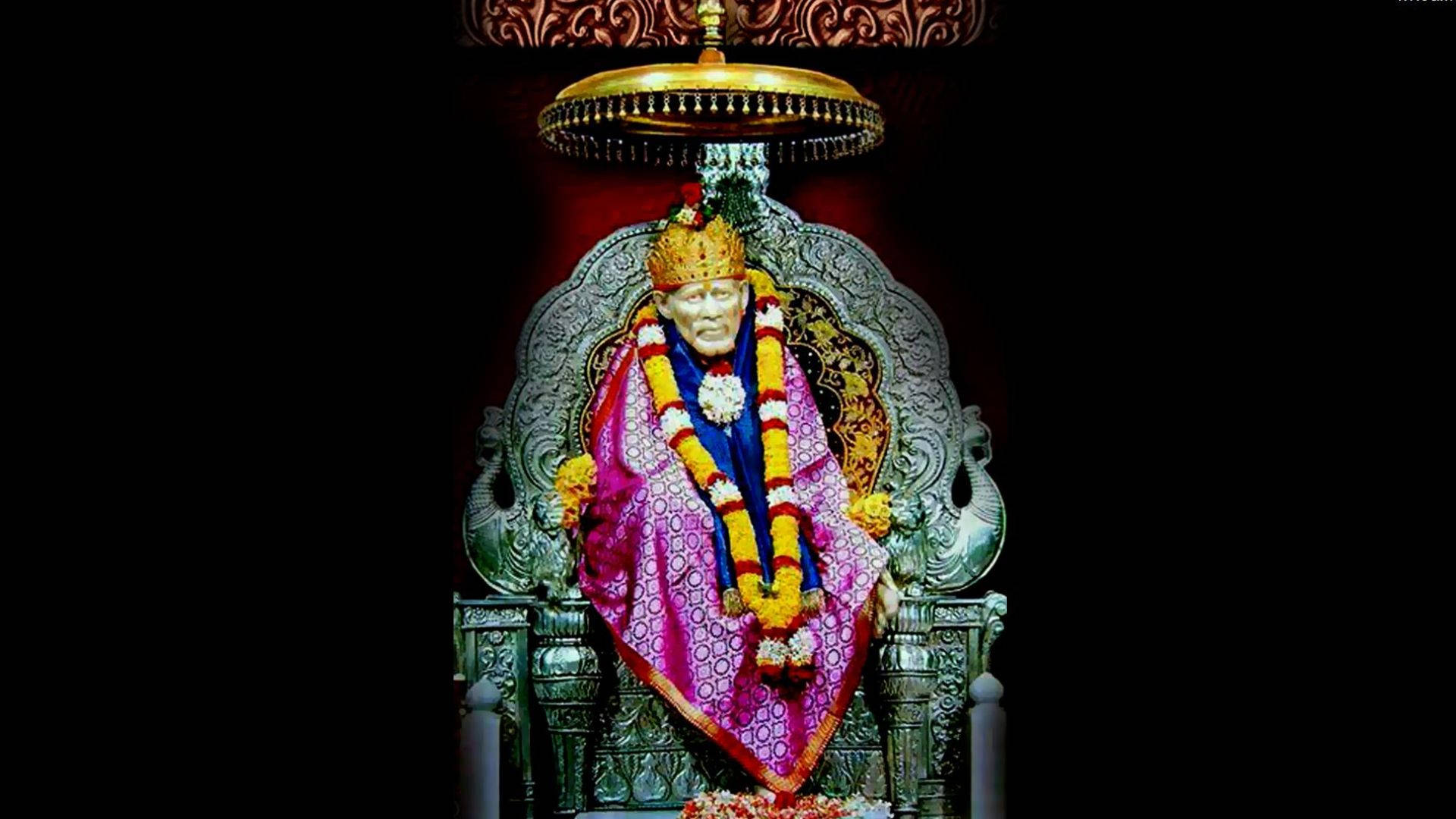 Sai Baba Hd On Throne With Garland Background