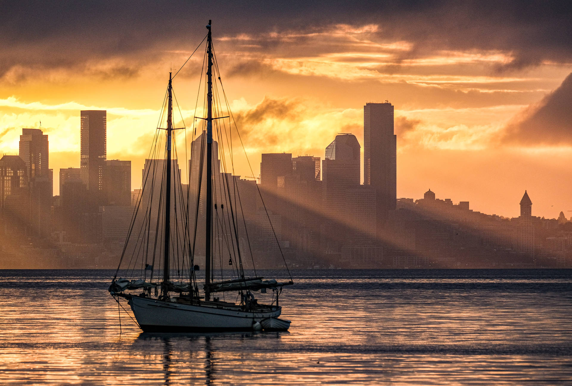 Sailing Boat And Sunset In Seattle Background