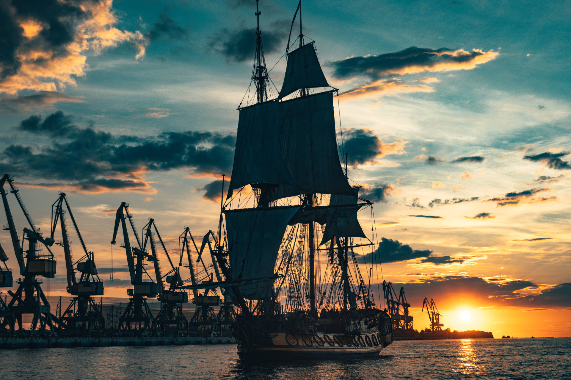 Sailing Pirate Ship Silhouette Background