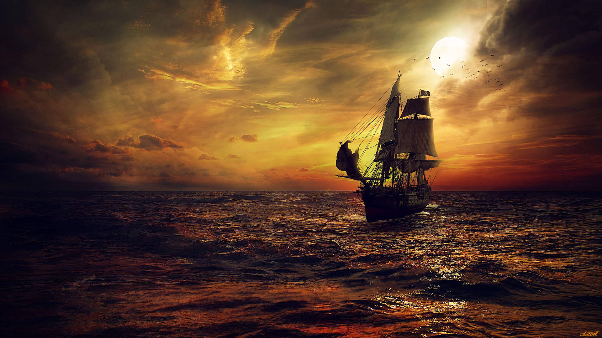 Sailing Ship In Sunset Background