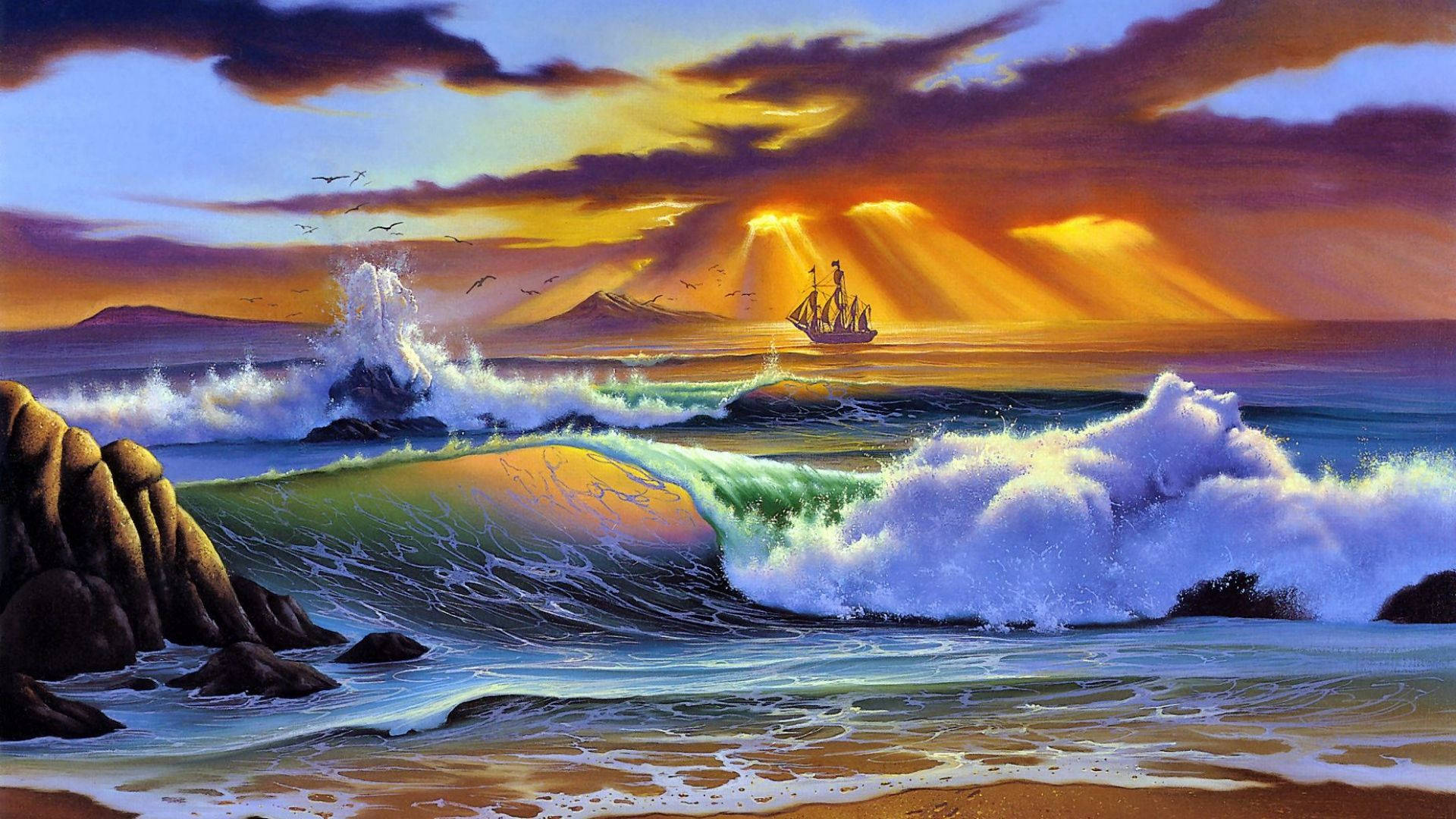 Sailing Ship On Beach Sunset Background