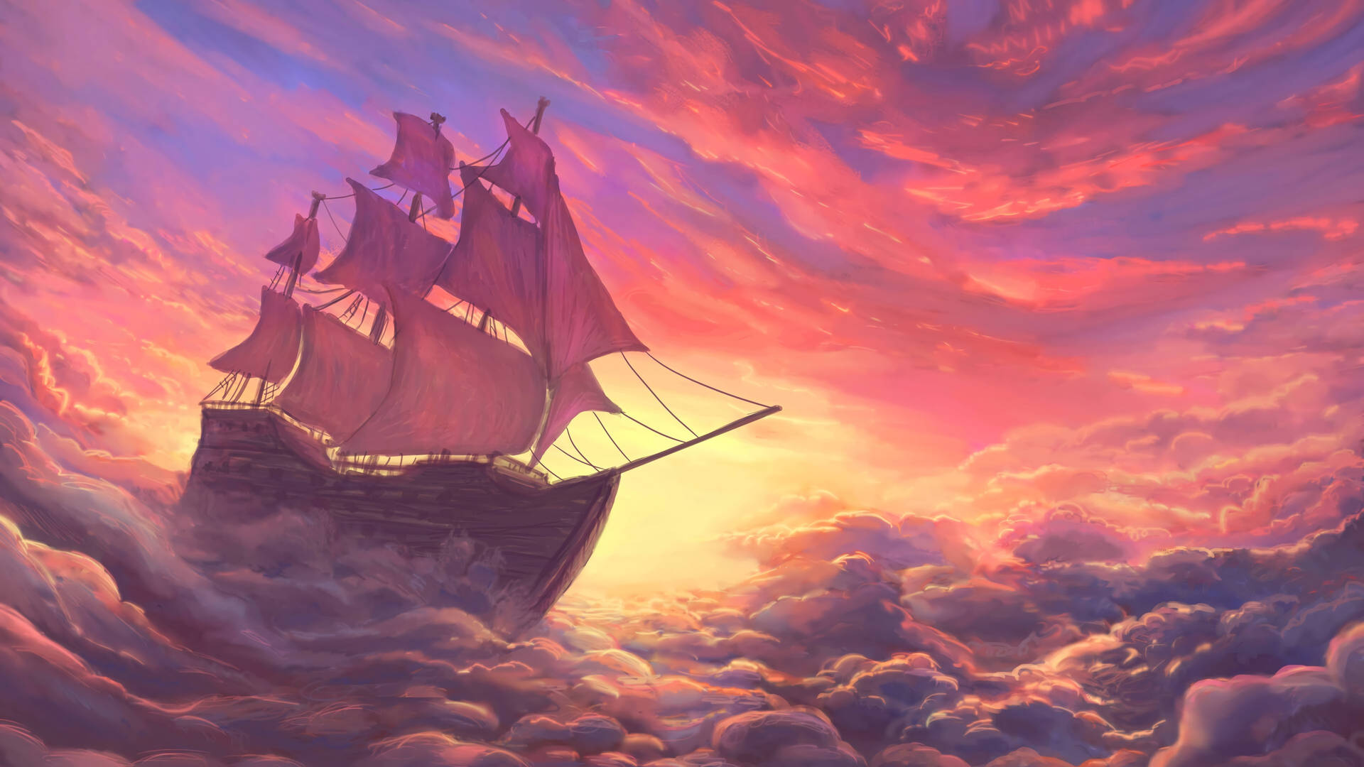 Sailing Ship On Clouds Background