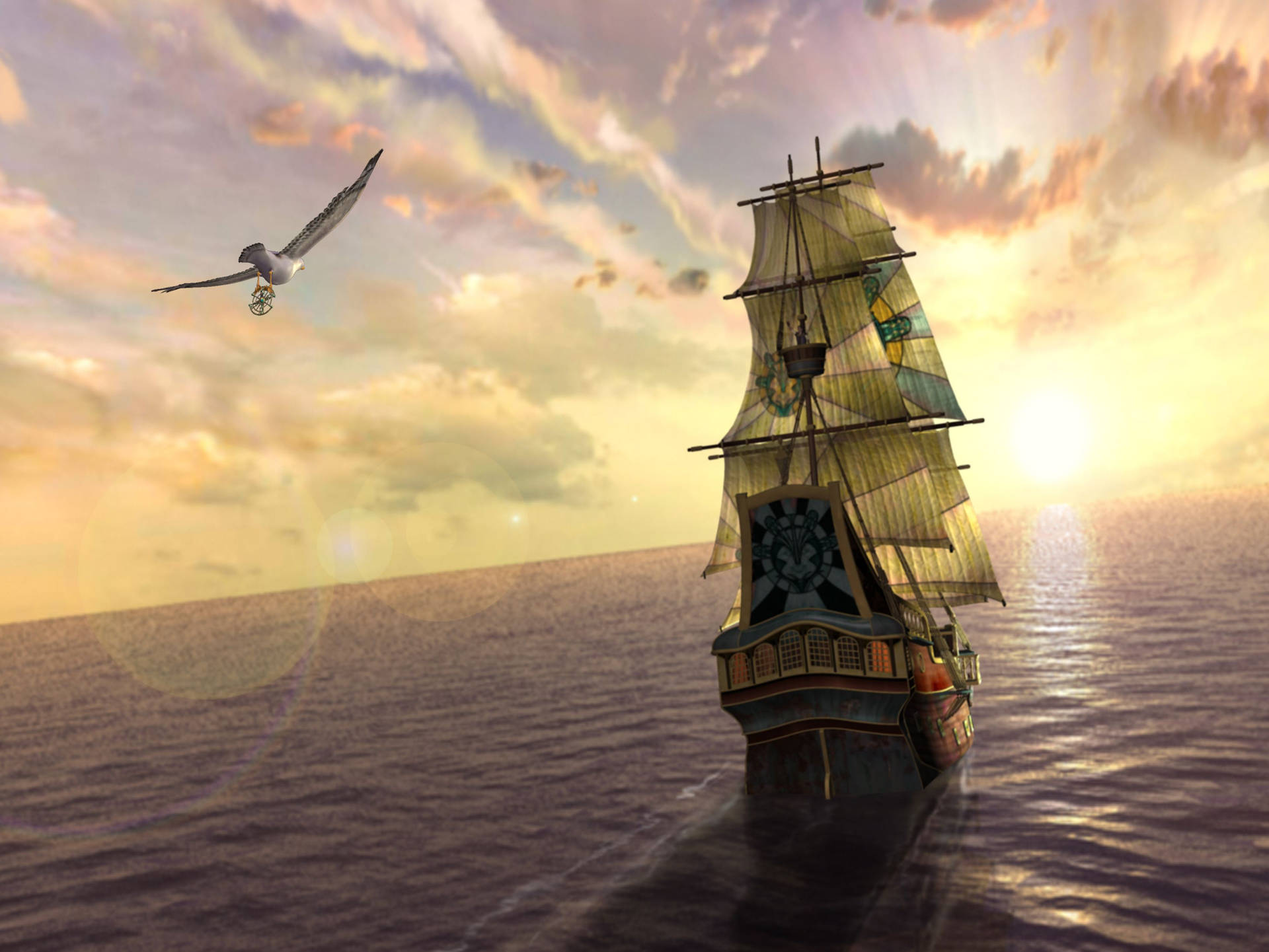 Sailing Ship With Flying Bird Background