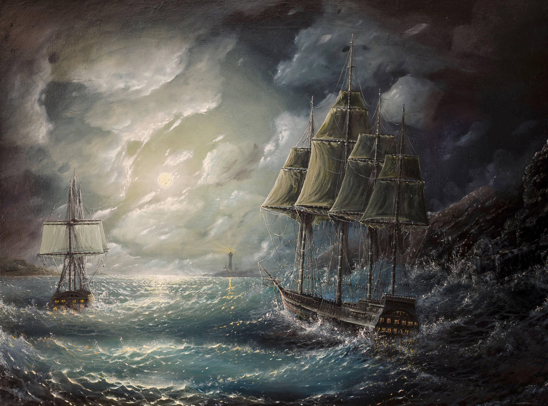 Sailing Ships At Sea Storm Background