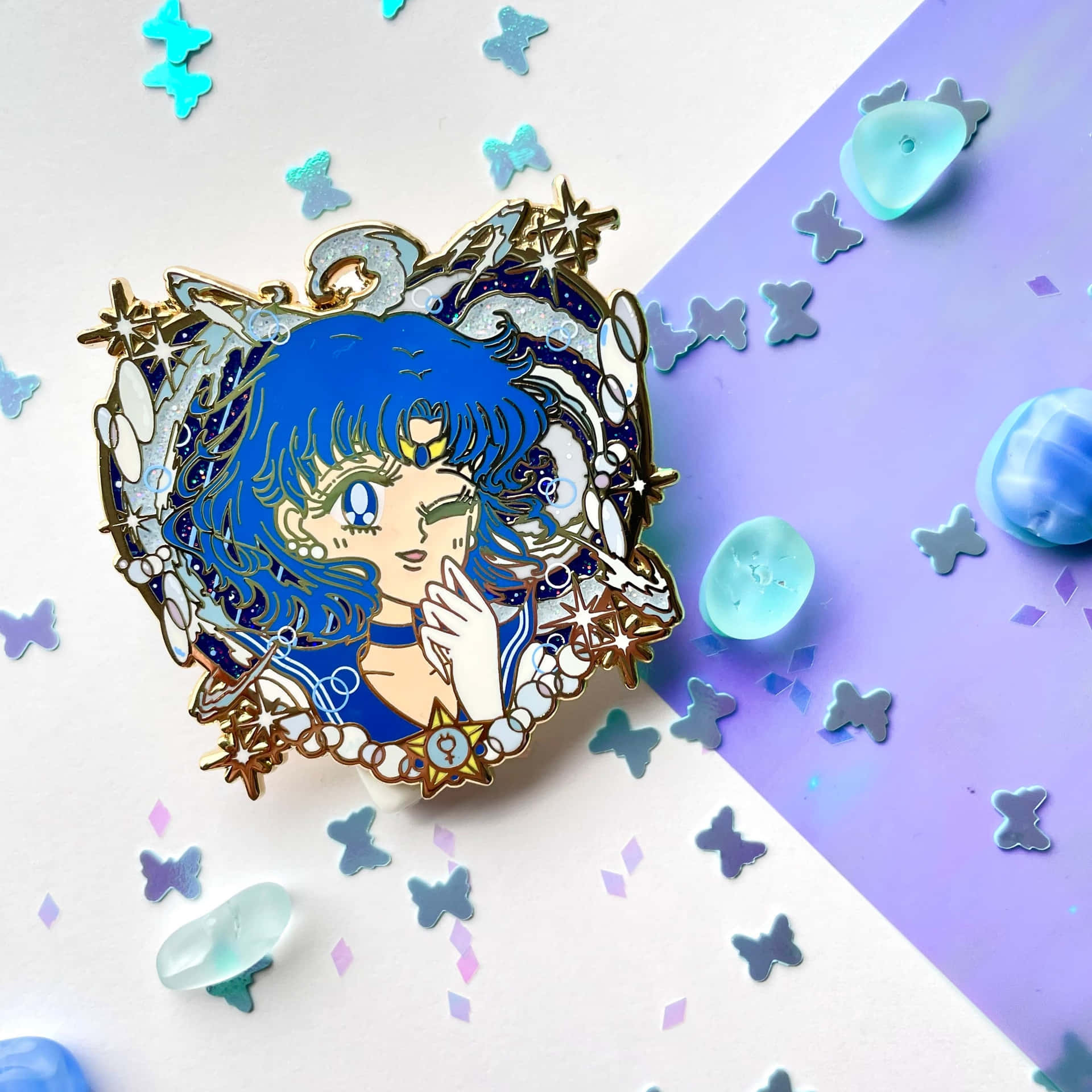 Sailor Mercury Enamel Pin With Stars Background