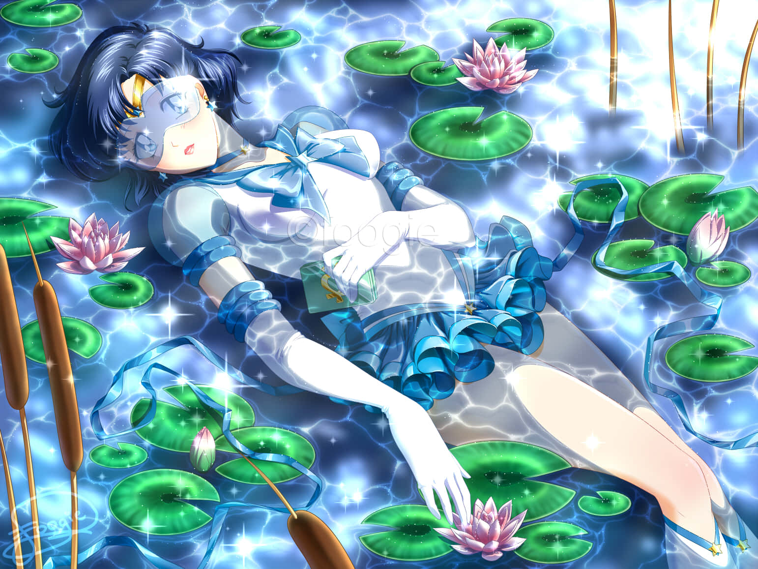 Sailor Mercury Lying On A Pond Background