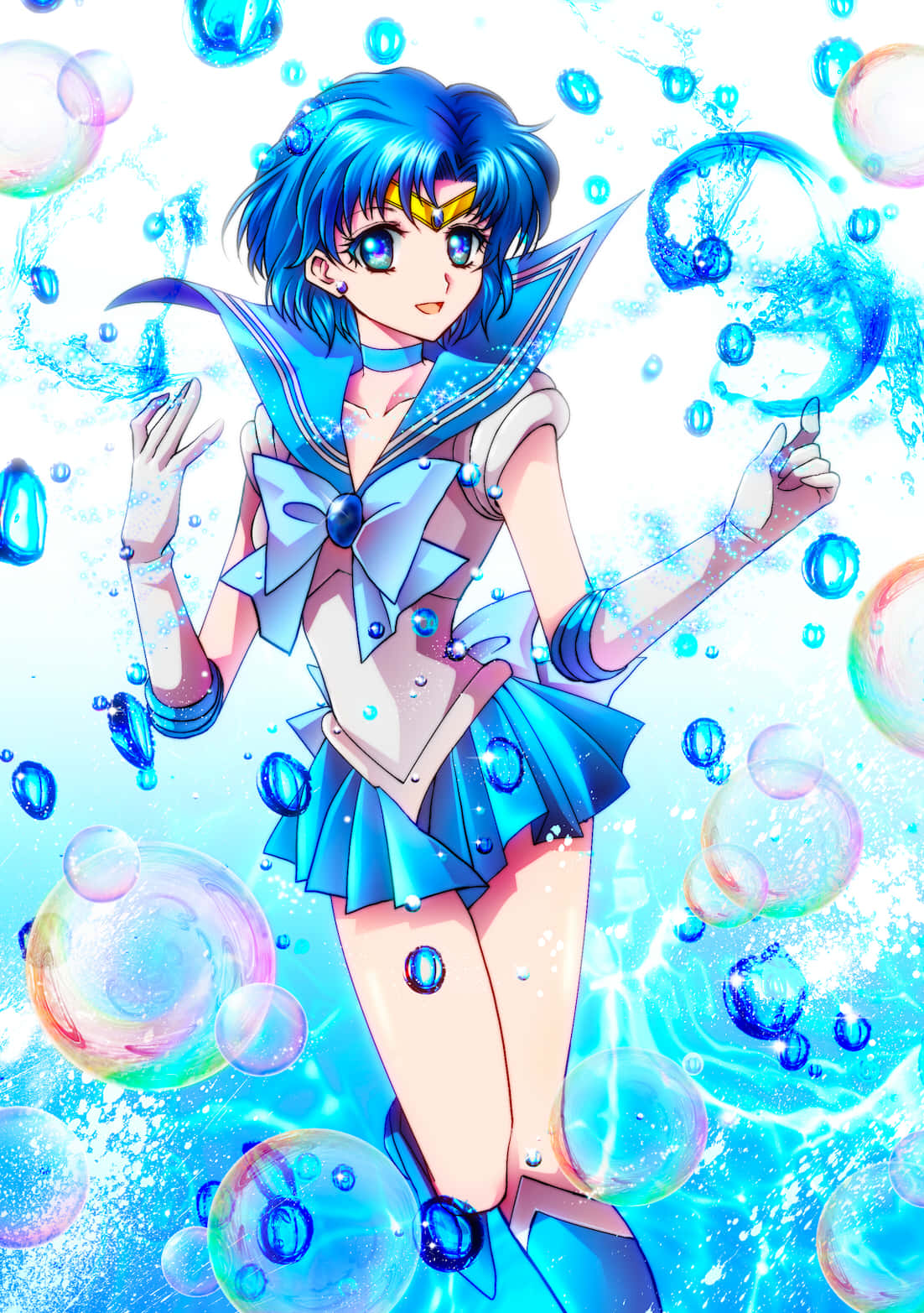 Sailor Mercury With Shimmering Bubbles Background