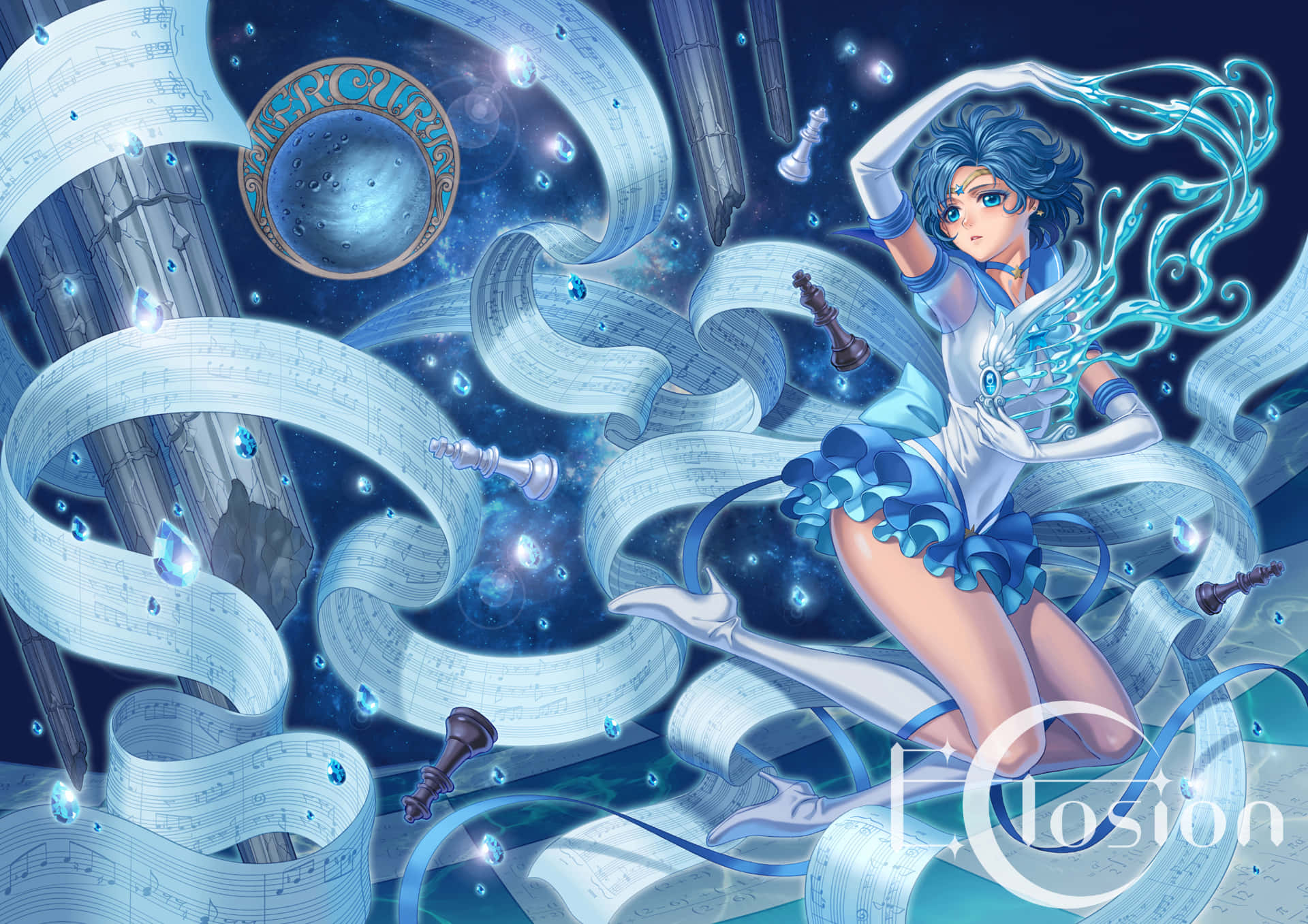 Sailor Mercury With Wavy Fabric Background