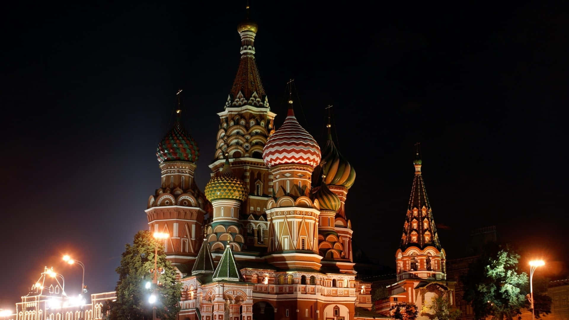 Saint Basils Cathedral With Street Lights Background