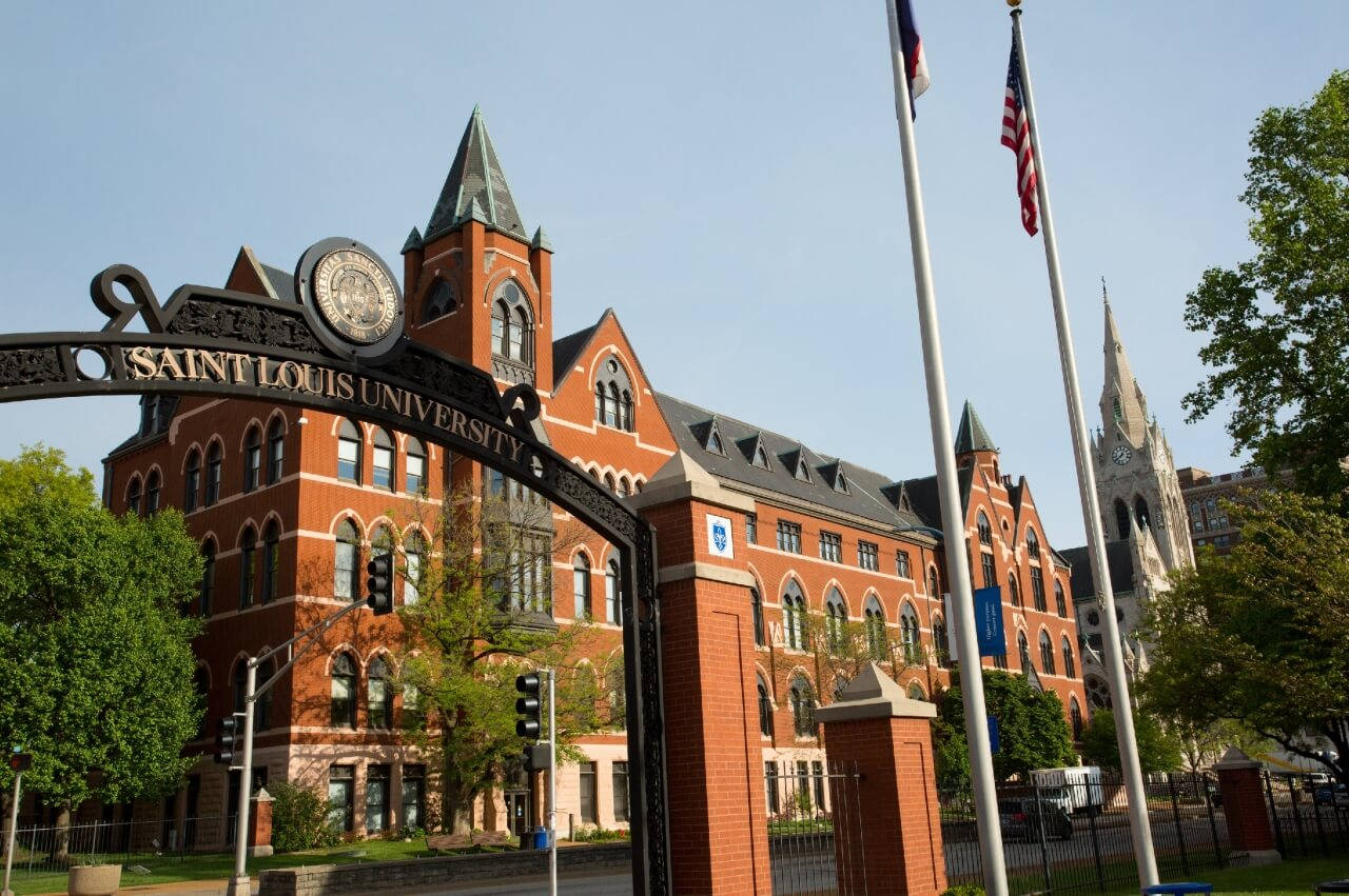 Saint Louis University Arch And Flag Background