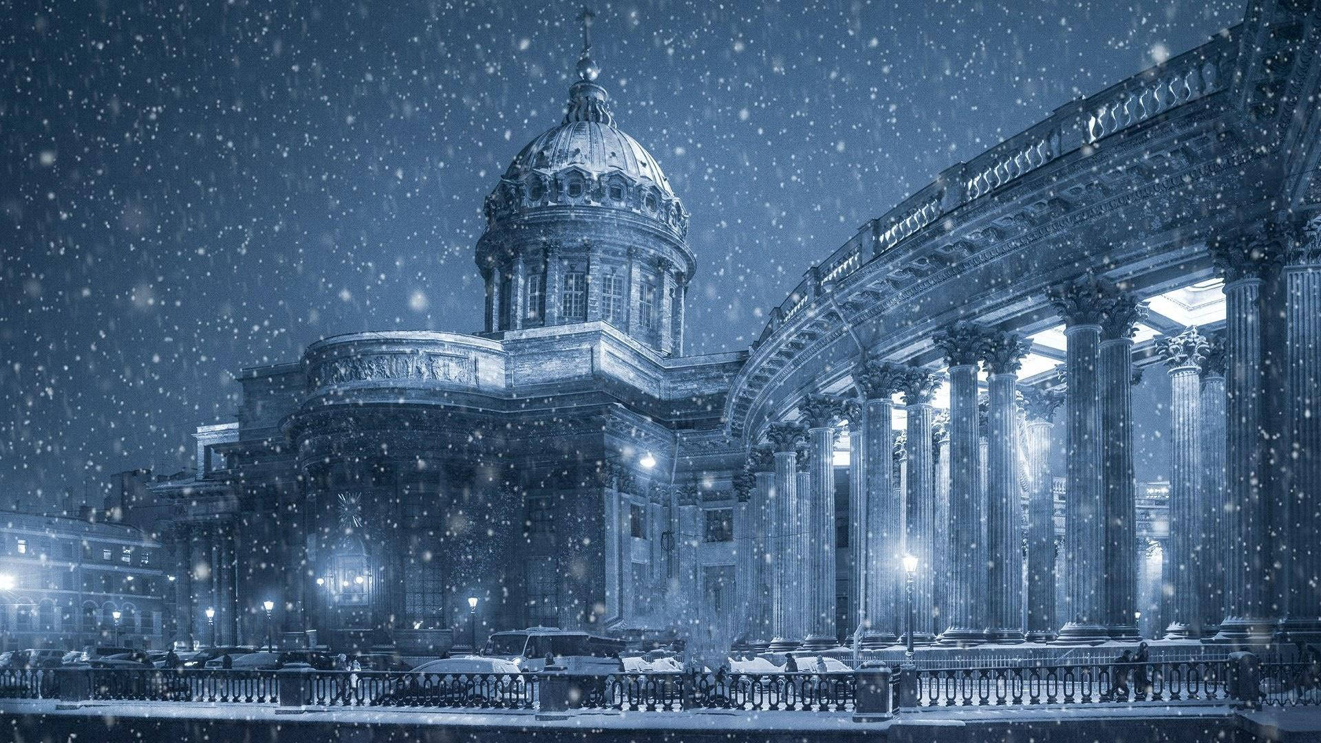 Saint Petersburg On A Snowy Night Background