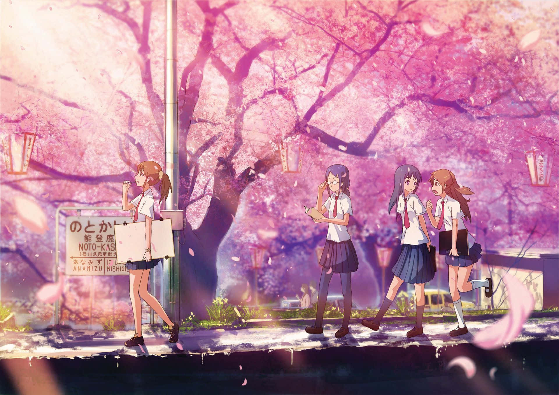Sakura Anime School Girls Digital Illustration Background