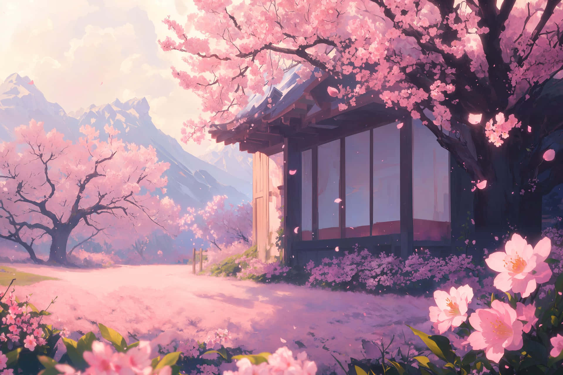 Sakura Blossom Traditional House Anime Scene