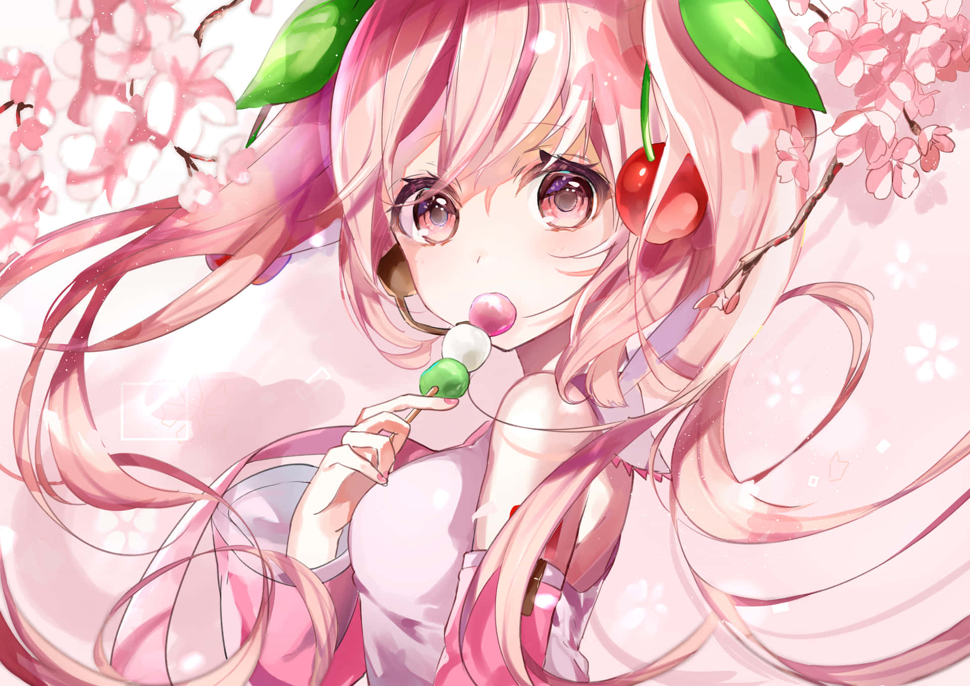 Sakura Miku Amidst A Flurry Of Cherry Blossoms Background