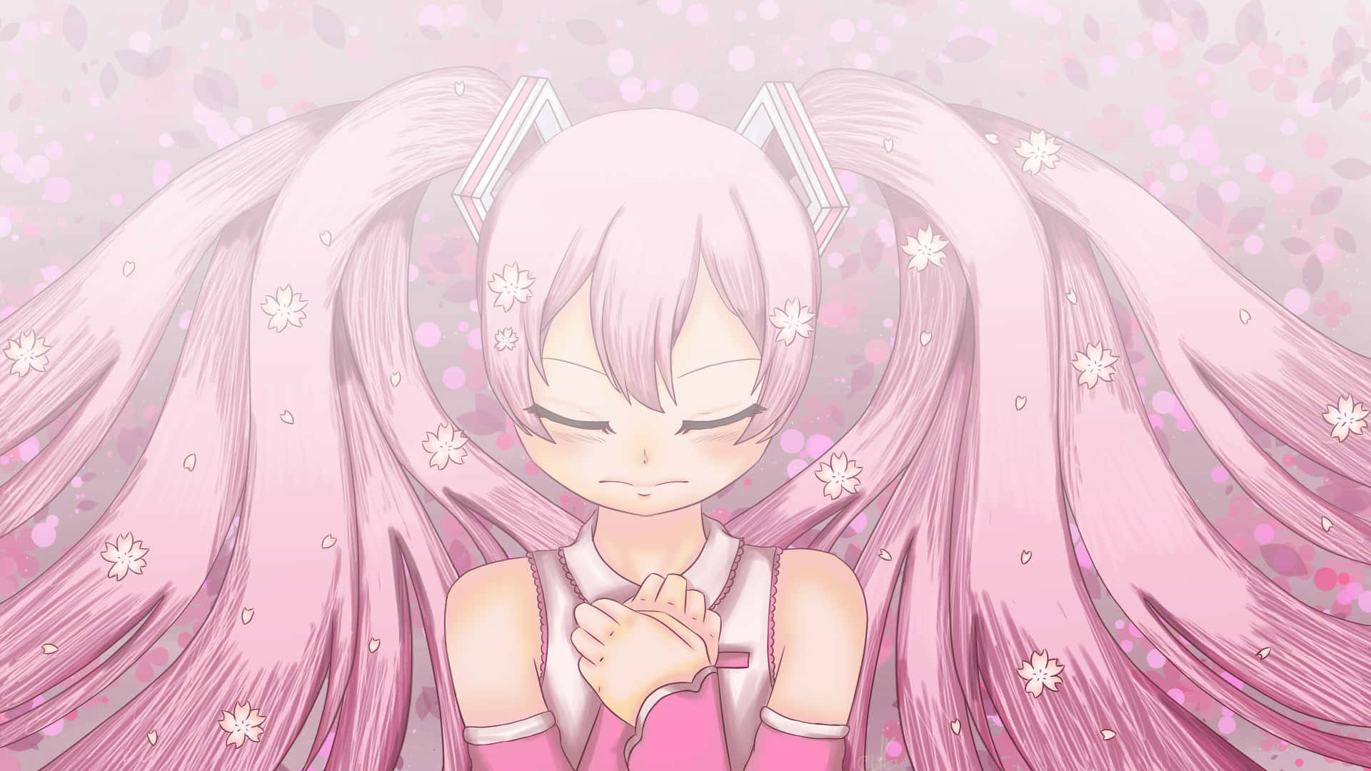 Sakura Miku Hands On Chest Background