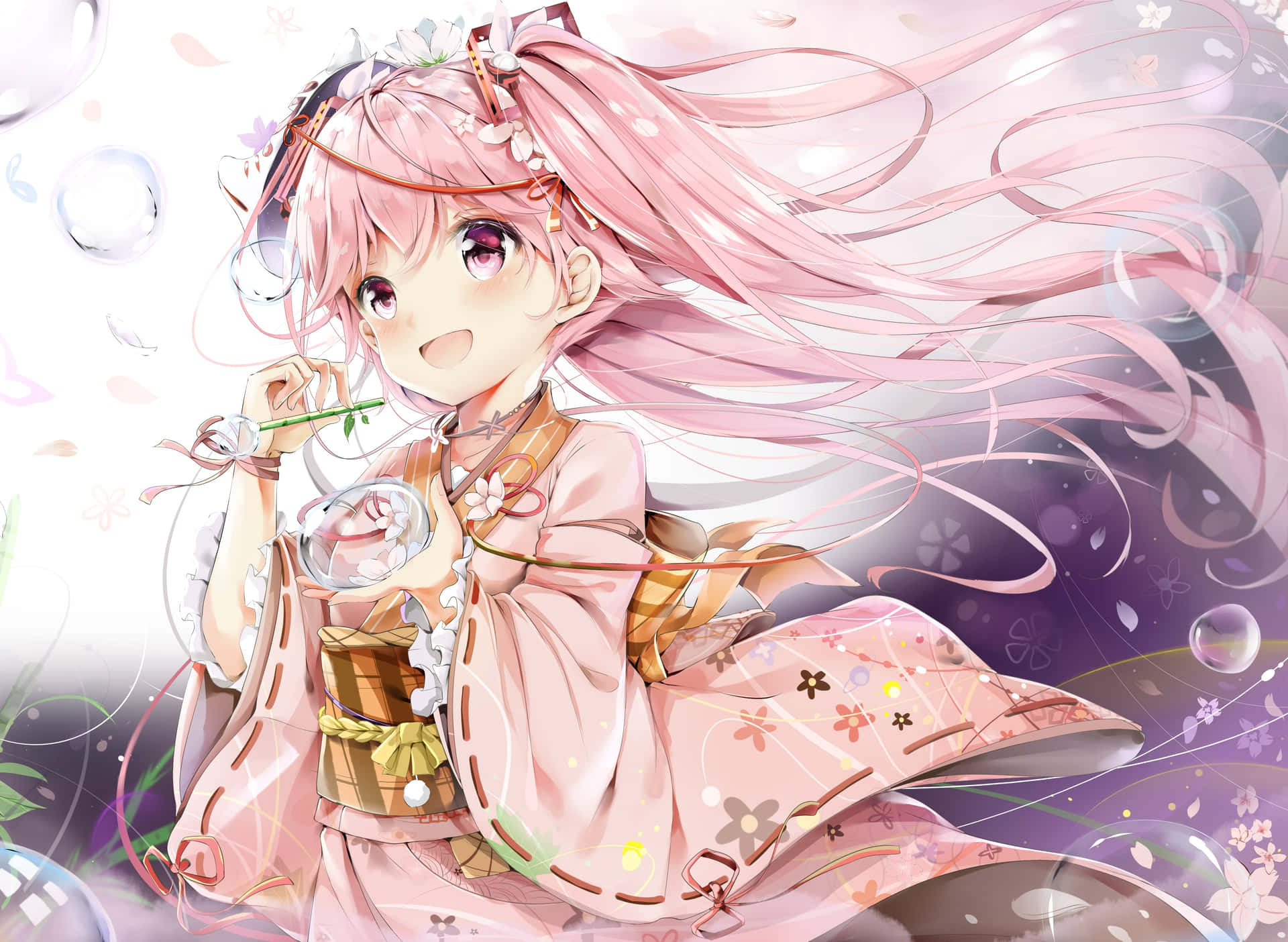 Sakura Miku In Kimono Playing With Bubbles