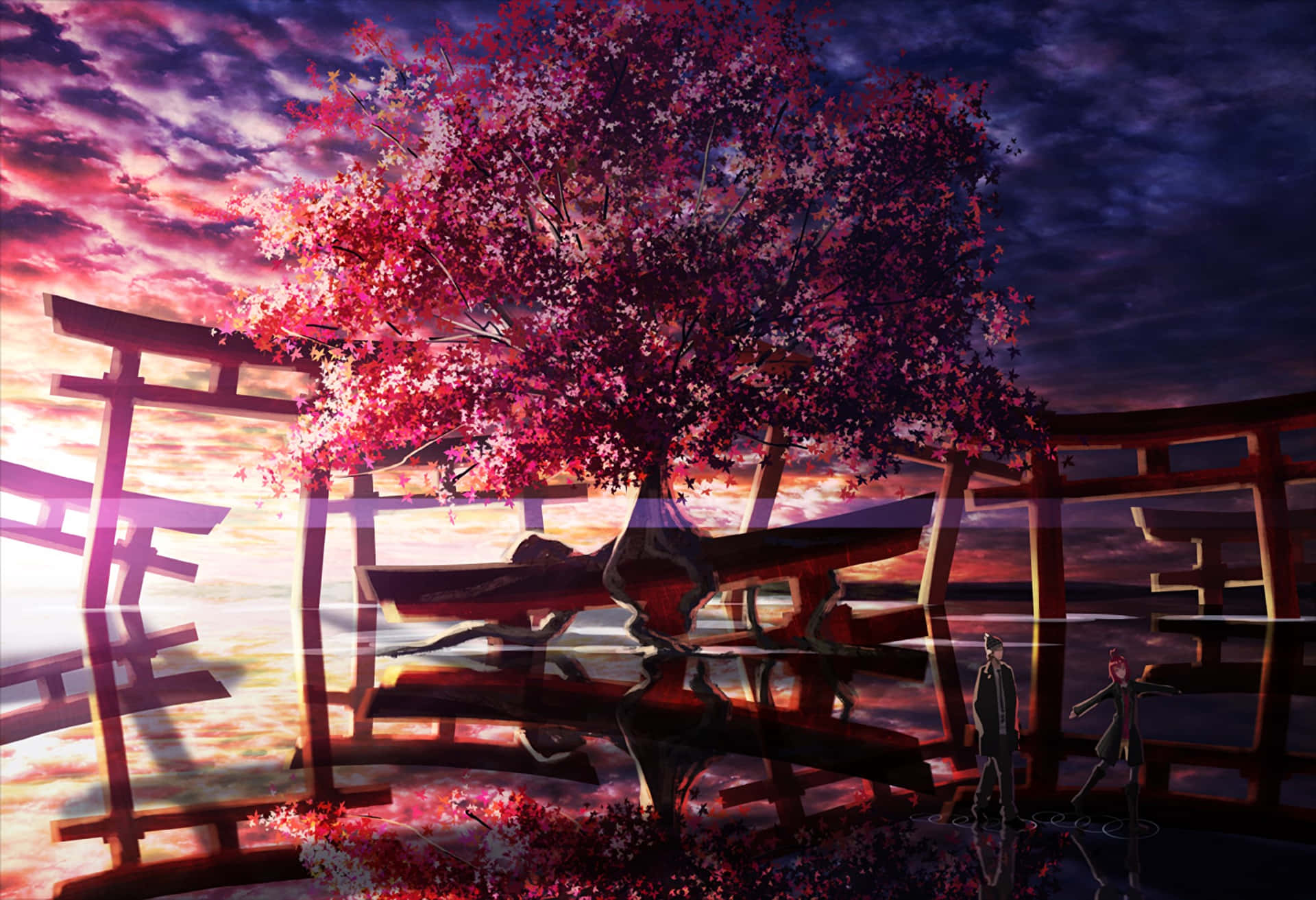 Sakura Sunset Torii Gates Background