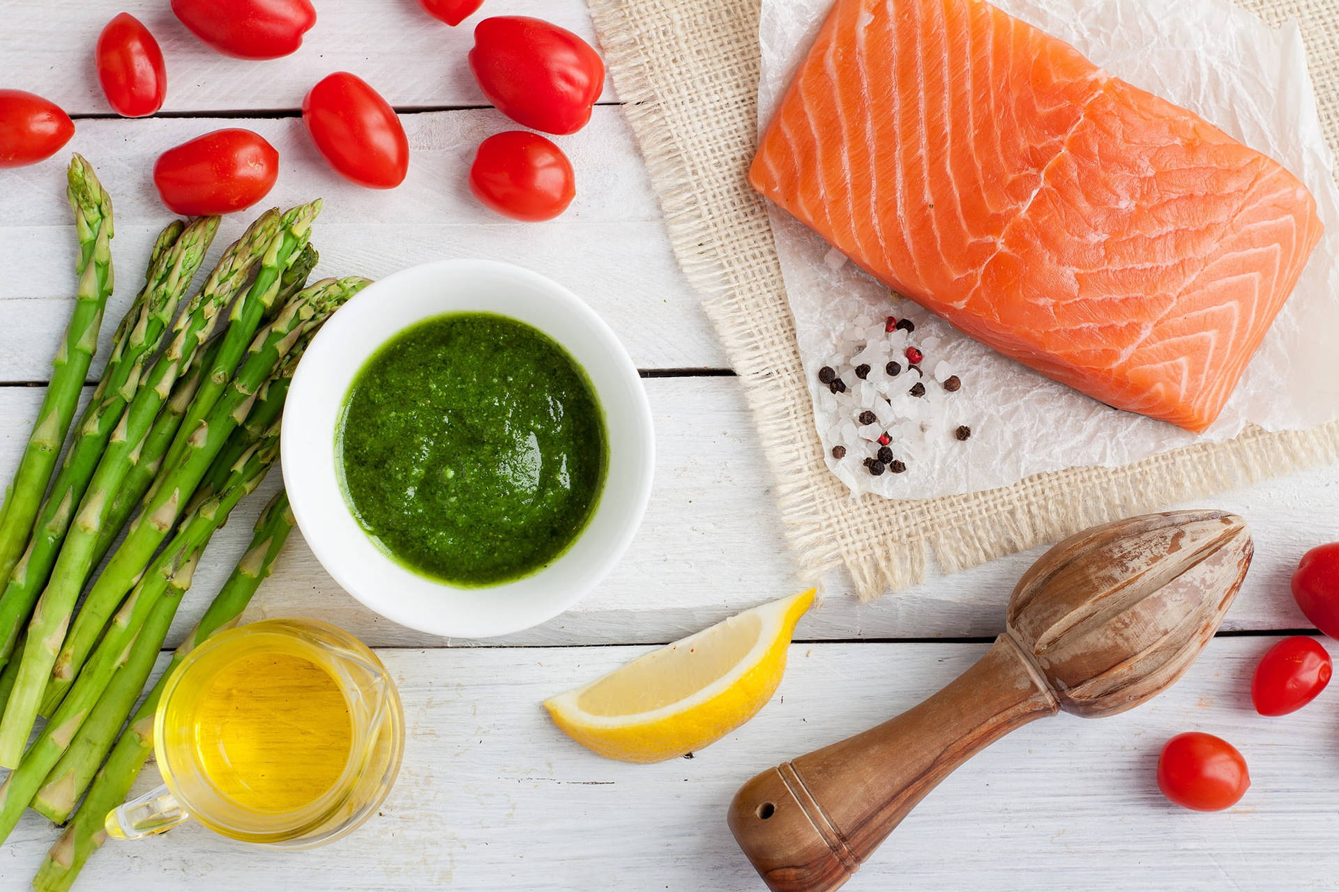 Salmon Asparagus Lemon And Green Sauce Background