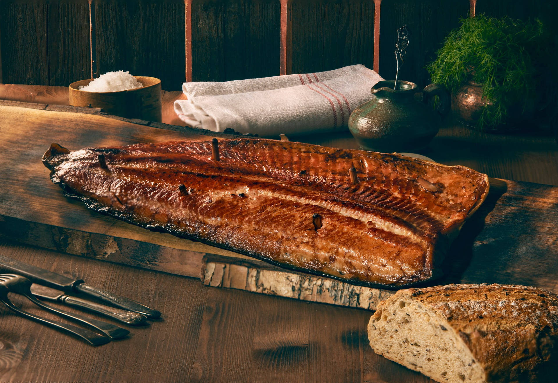 Salmon Grilled On Wooden Chopping Board