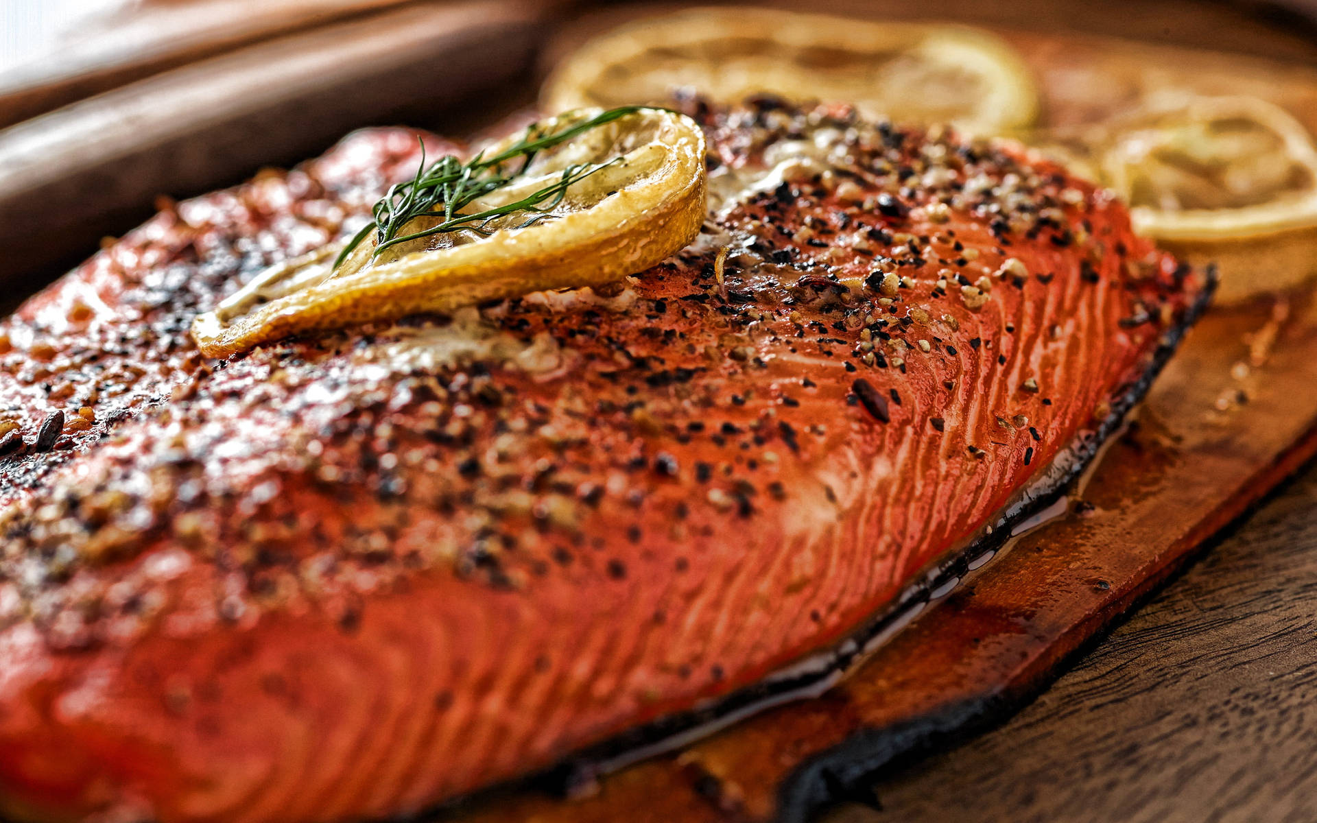 Salmon Grilled With Lemon Garnish Background