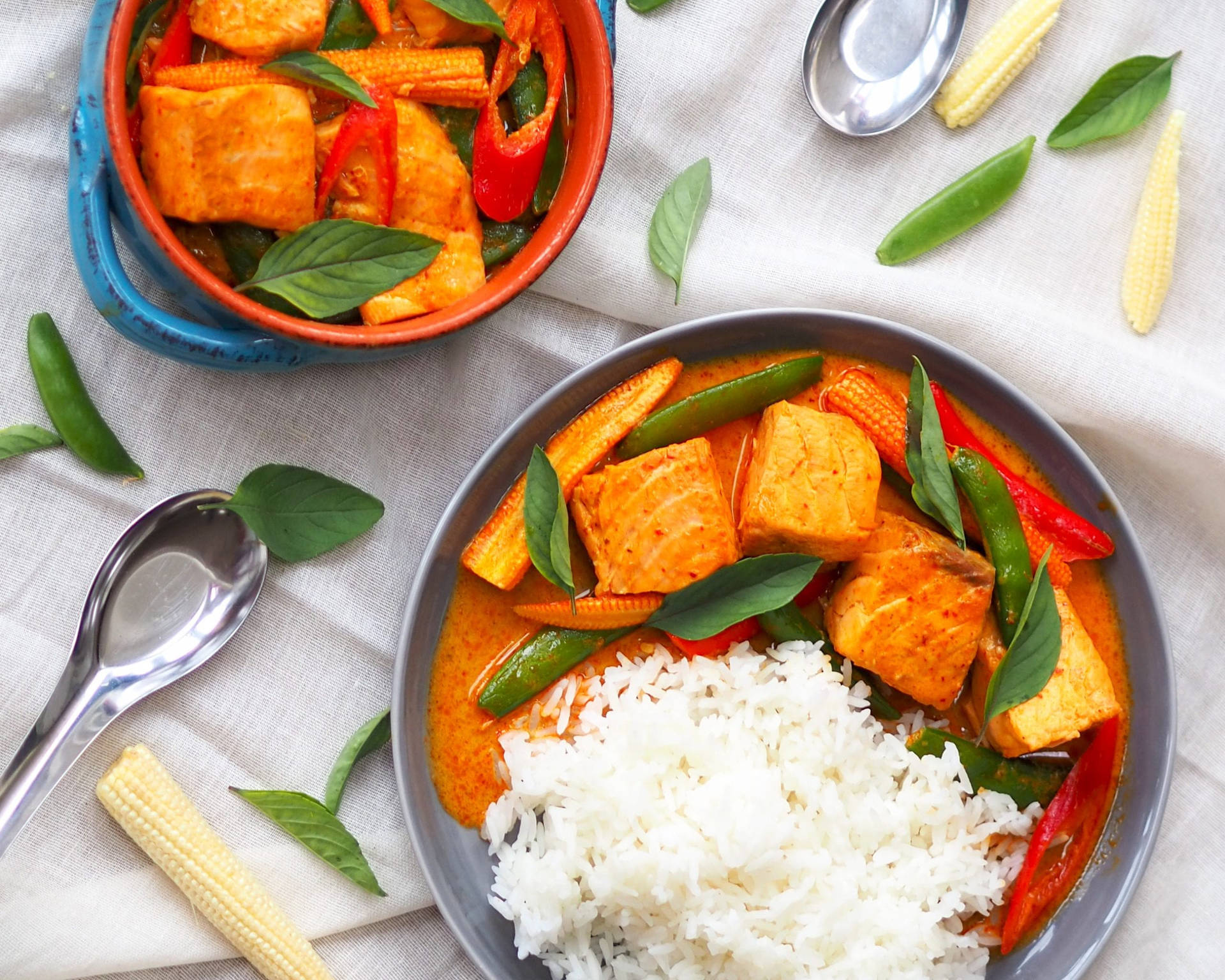 Salmon Red Thai Curry With Baby Corn