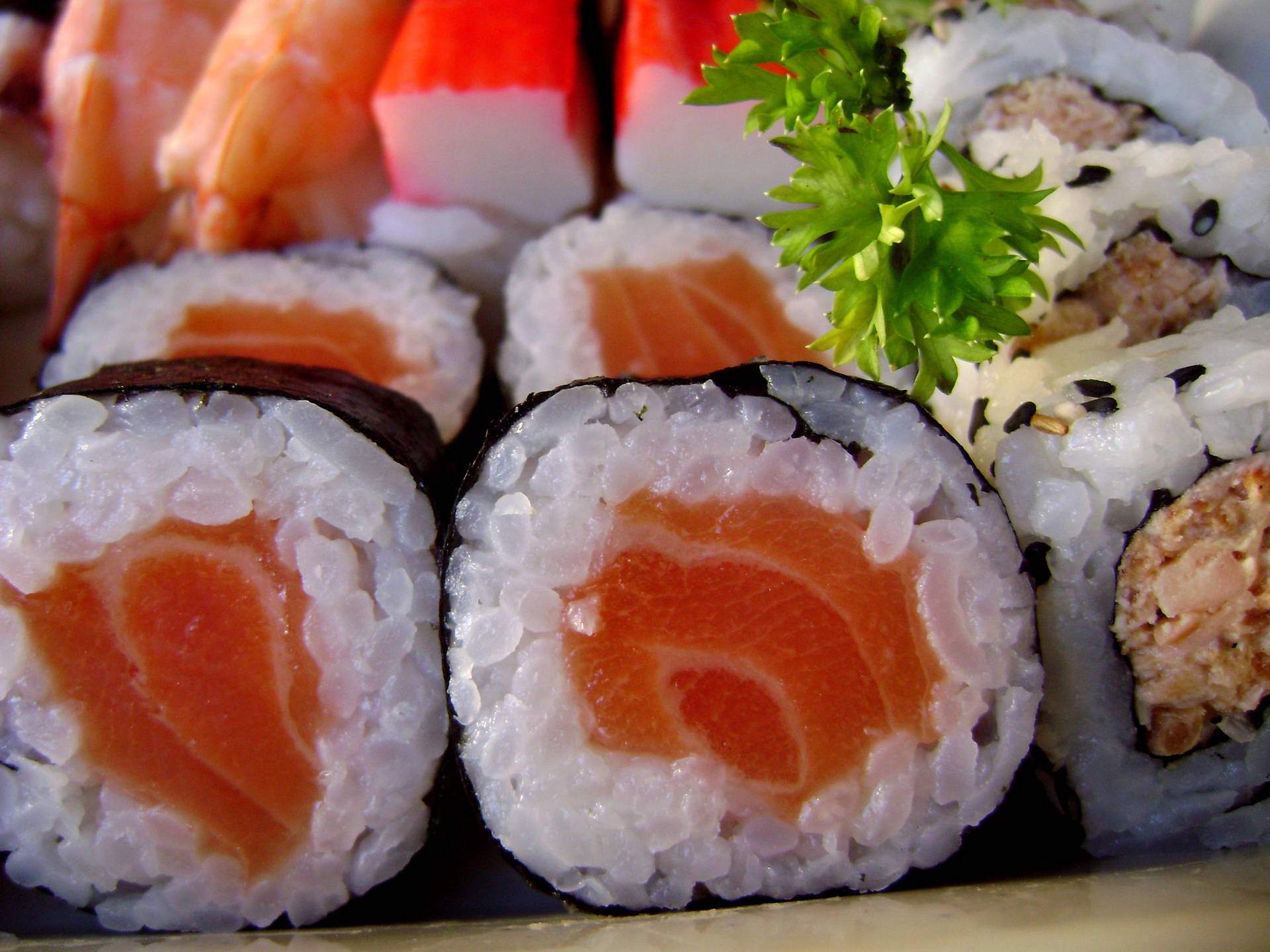 Salmon Sashimi In Maki Roll Background