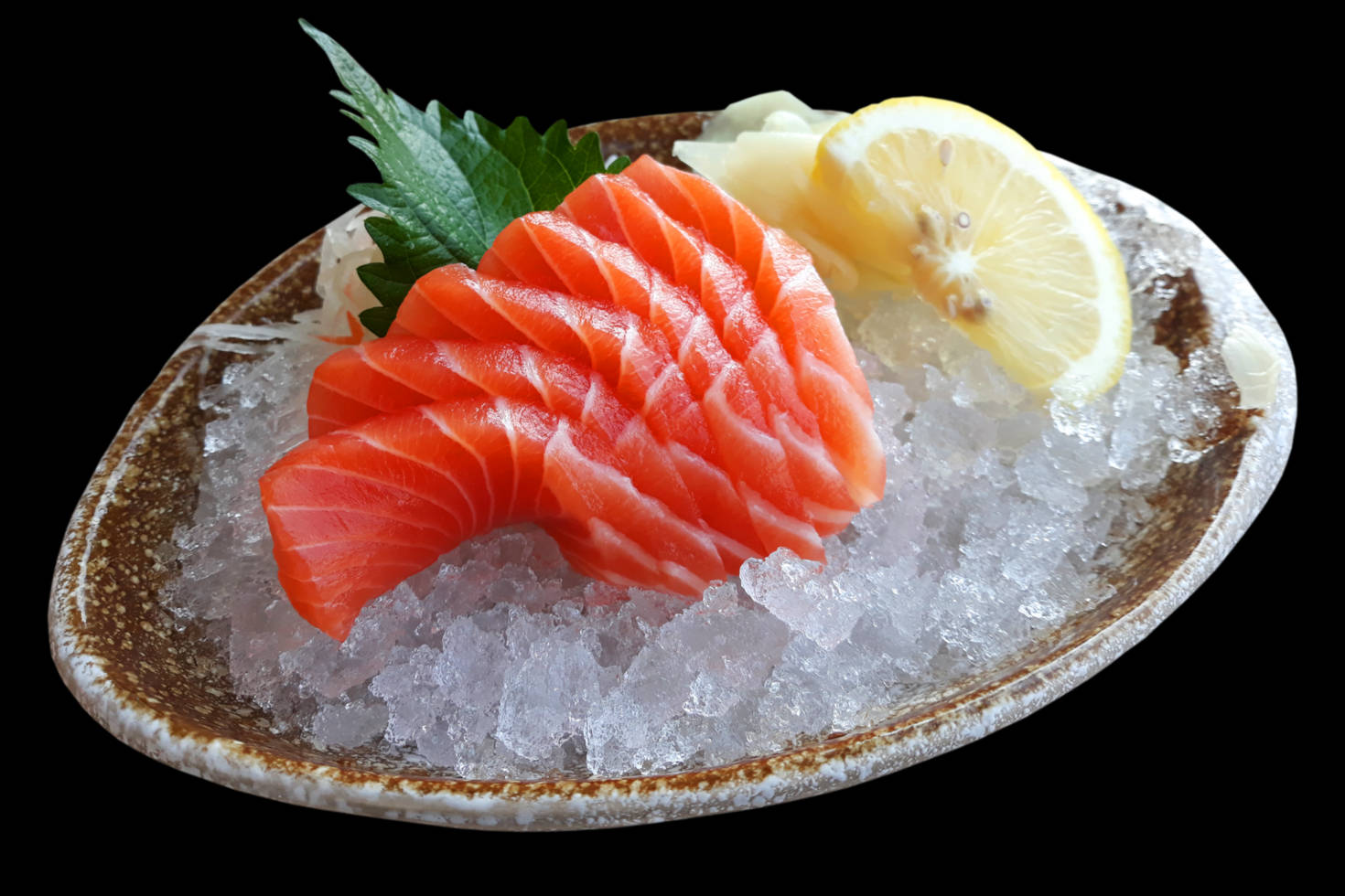 Salmon Sashimi With Lemon On Ice Background