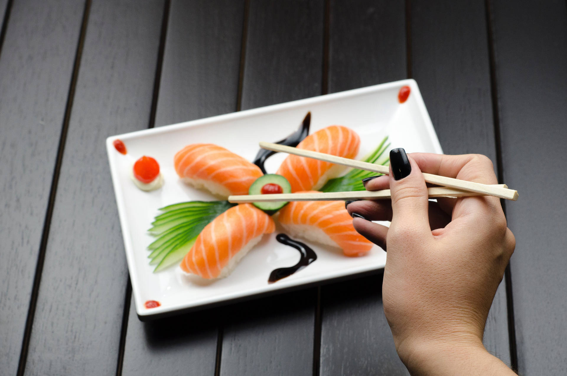 Salmon Sashimi With Rice Background