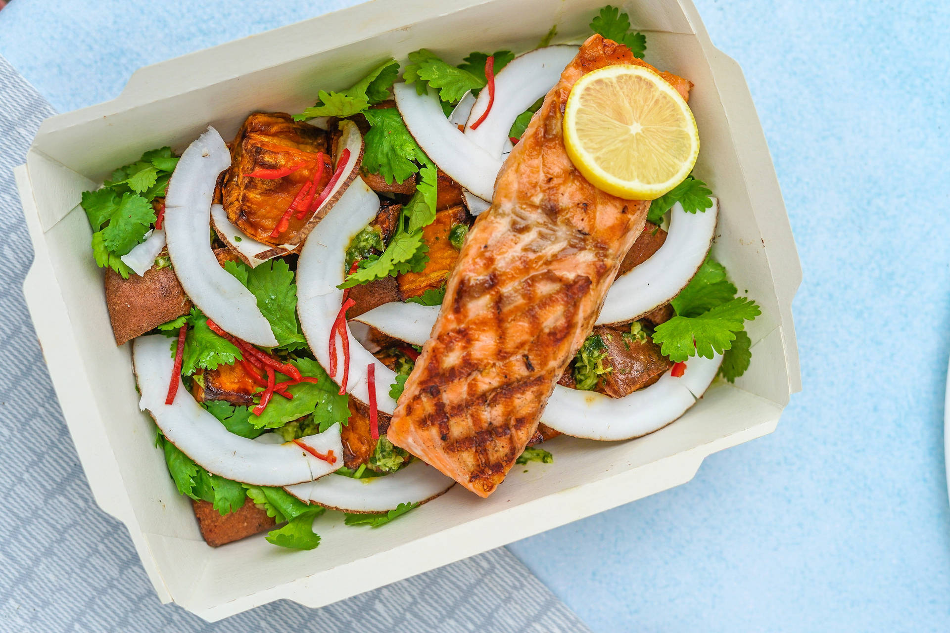 Salmon Seared In Vegetable Salad Background